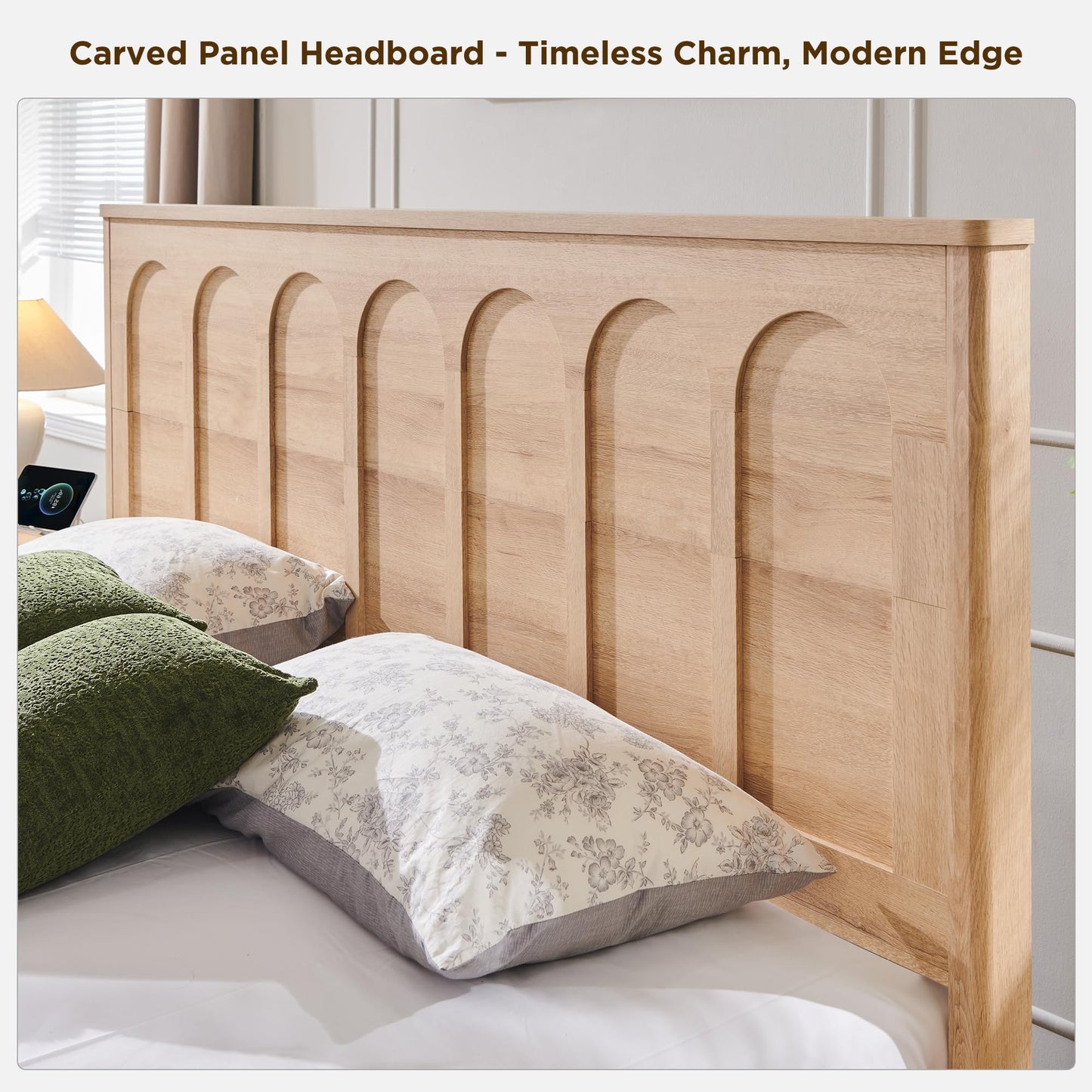 ACCOHOHO King Size Bed Frame Modern with 52" Tall Arched Recessed Headboard and 4 Drawers, Solid Wood Slats Support, Wood Platform, Noise Free, No Box Spring Needed, Natural Oak