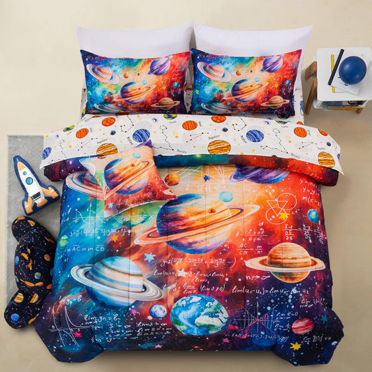 A Nice Night Boys Galaxy Twin Bedding Set 6 Piece Bed-in-a-Bag Comforter with Sheet Set, Space Algebra Theme Polyester Bed Sets for Kids,Purple