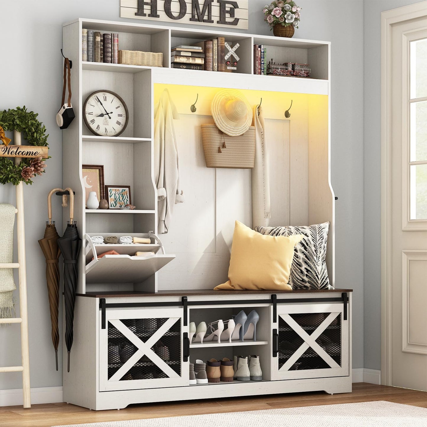 75''H LED Farmhouse Hall Tree with Bench and Shoe Storage,Entryway Bench with Coat Rack,16 Shoe Cubbies & Umbrella Holder and Sock Storage Drawer,Mudroom/Hallway Storages Cabinet(white )