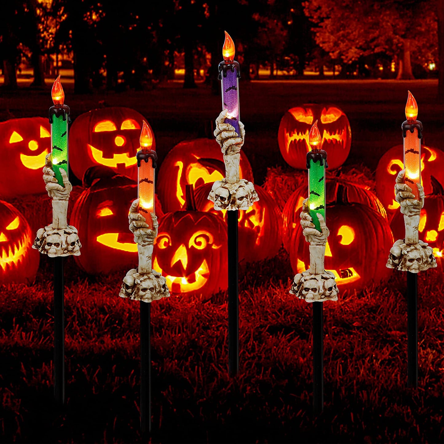 LJLNION Halloween Decorations, 5 Pack Halloween Garden Stake Lights, Tabletop Candle Light with Skeleton Ghost Hand, Waterproof & Battery Operated, Light Up Yard Stakes for Indoor/Outdoor Garden Decor