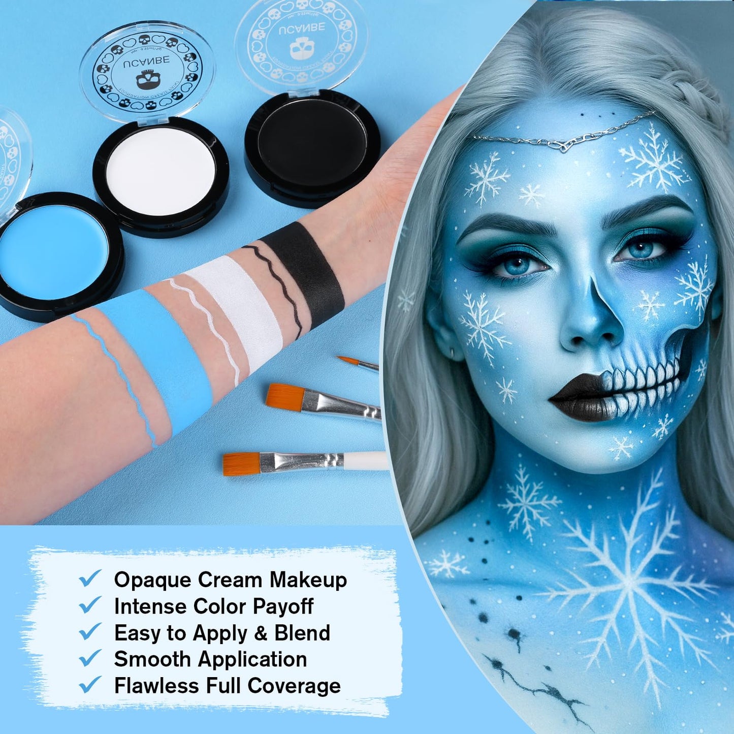 White Black & Light Blue Face Body Paint for Halloween Sally & Corpse Bride Makeup, Non-Toxic Face Painting Kit with Brushes for Kids Adults Smurf Avatar Mermaid & Demon Costume Cosplay SFX Make Up