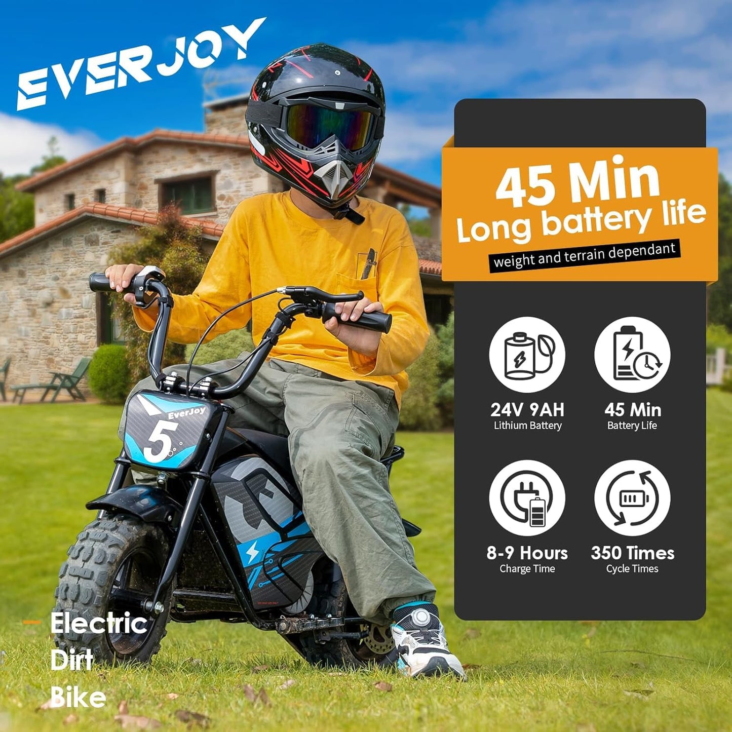 24V Electric Dirt Bike for Kids 250W High Torque Motor, 24V 9AH, 2 Speeds,10/12 MPH, UL 2849 Certificated Electric Kids Mini Bike for Ages 3+ (All-Terrain Tires)