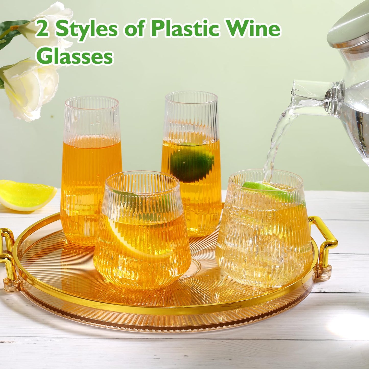 48 Pcs Plastic Wine Glasses Disposable Ribbed Cocktail Cups Set 12 OZ Unbreakable Stemless Champagne Flutes 9 OZ Origami Shatterproof Reusable Clear Party Cup for Wedding, Home, Office, Bar, Drinking