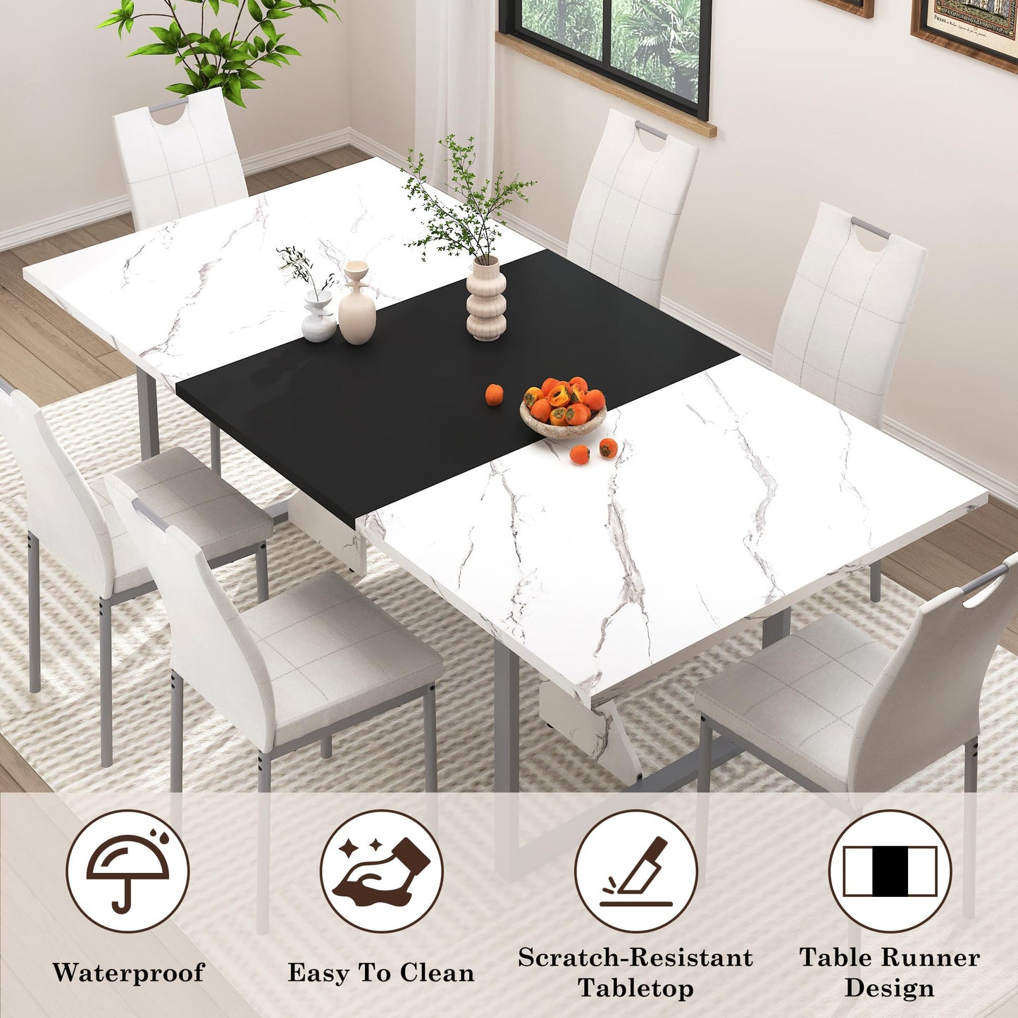 7PCS Dining Table Set for 4 5 6 People, 71" Large Long Wooden Kitchen Table with 6 Chairs (White+Black, 71IN Table+6 PCS Chairs)