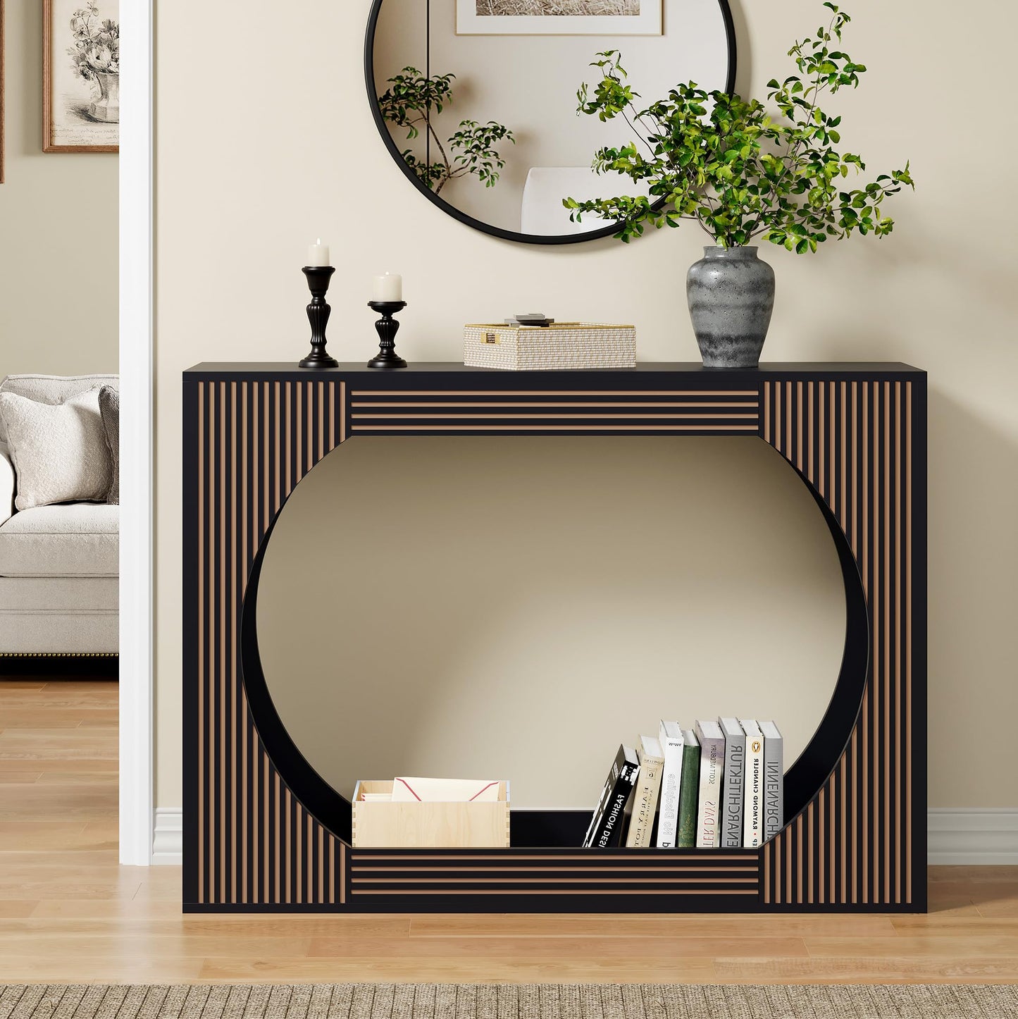43.3" Console Table with Storage, 2-Tier Wooden Entryway Table with Carving Lines, Mid-Century Modern Accent Rectangular Sofa Table Behind Couch for Foyer, Entrance, Living Room, Hallway (Black)