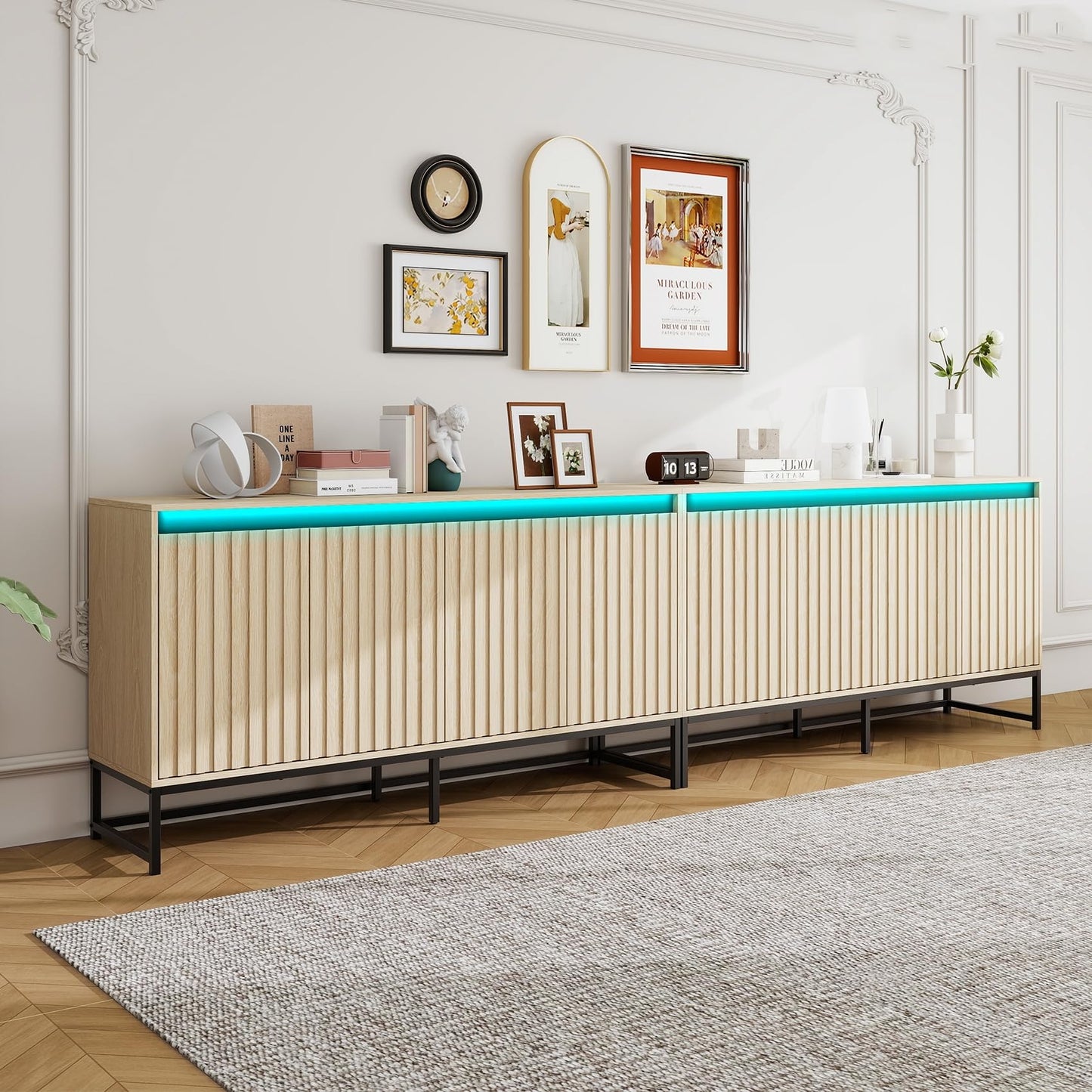 Woenei Fluted Sideboard Buffet Cabinet with Storage, 59" Wood Storage Cabinet with Doors and Adjustable Shelves LED Light, Modern Credenza for Kitchen, Dining Room, Living Room, Entryway, Oak