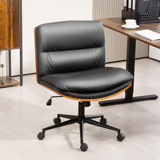 WQSLHX Office Chair, Criss Cross Legged Office Desk Chairs with Wheels, PU Leather Adjustable Swivel Walnut Task Chair with Wide Seat, Ergonomic Mid Back Computer Chair for Meeting Room, Home