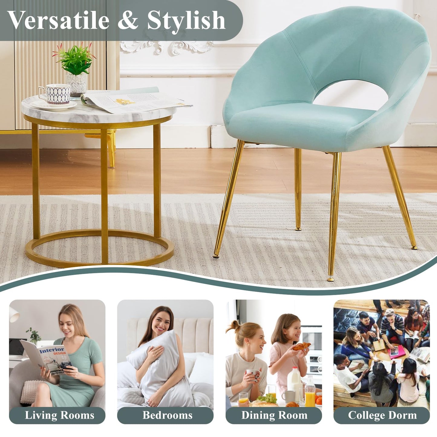 YDcosyfy Modern Small Accent Chair Set of 2, Comfy Velvet Vanity Chair with Shell Back & Golden Metal Legs, Decorative Chair no Wheels for Living Room, Makeup Room, Bedroom, Green