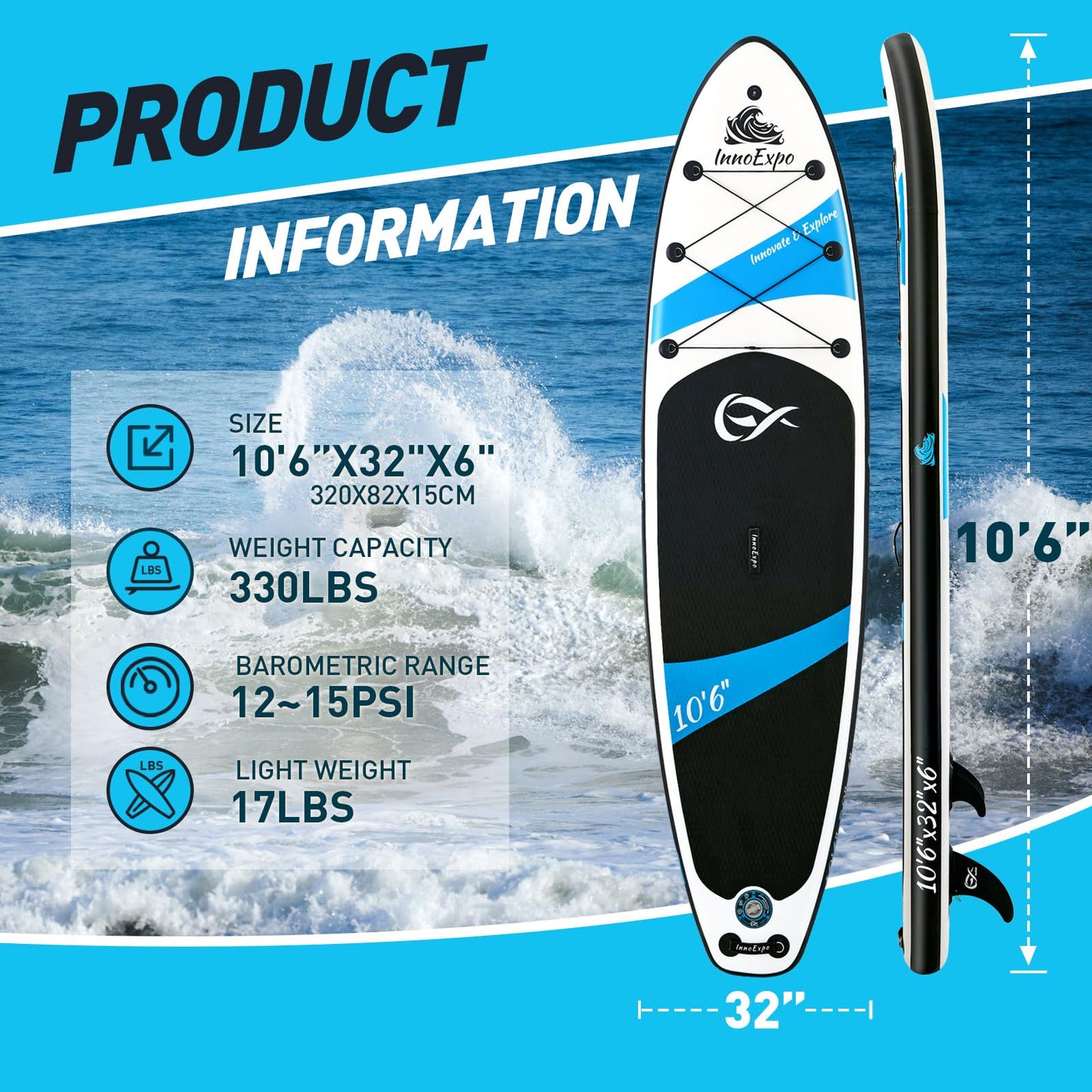 InnoExpo Inflatable Stand Up Paddle Boards with Premium Accessories, Wide Stable SUP Paddle Board Design, Non-Slip Comfort Deck for Youth & Adults (Black, 10'6x32''x6'')