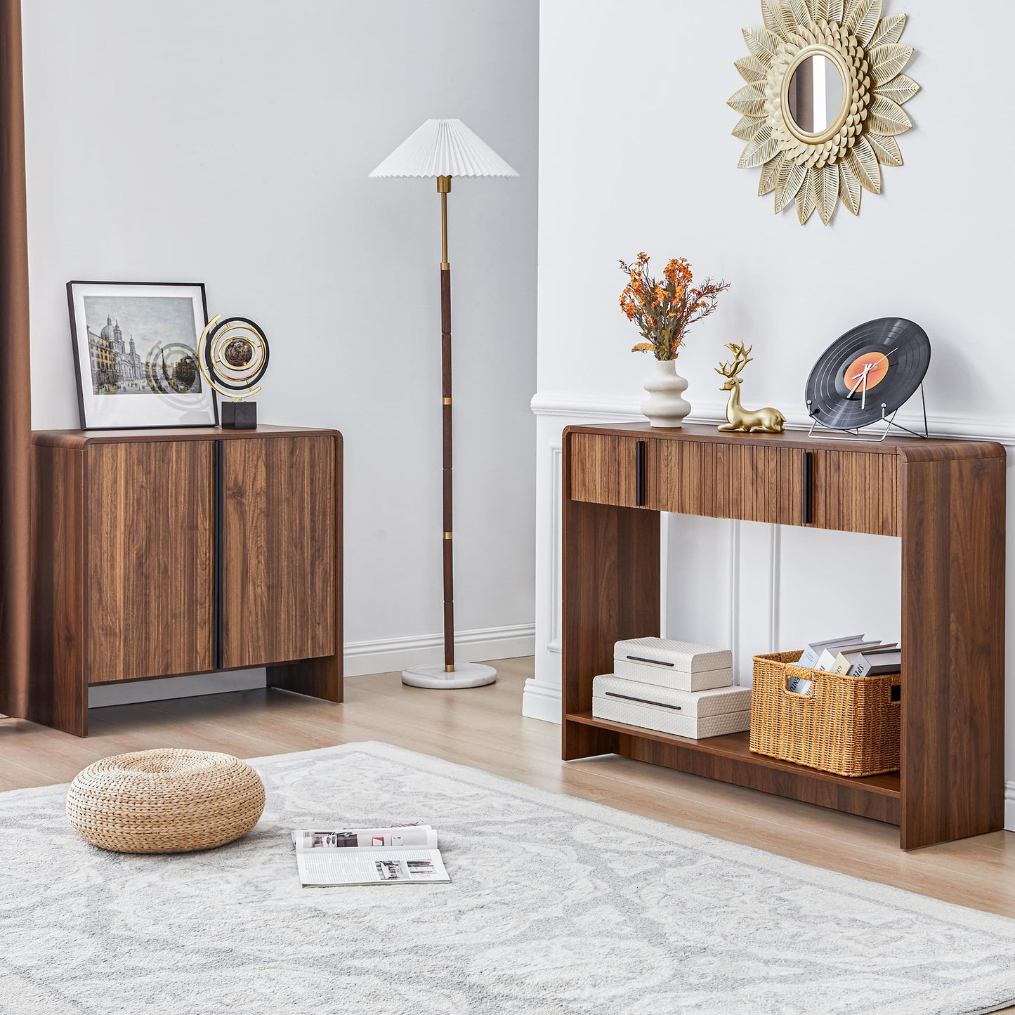 43.3" Narrow Console Table with 2 Drawer,Brown Fluted Entryway Table with Storage,Slim Long Sofa Table for Living Room,Hallway Entrance Foyer