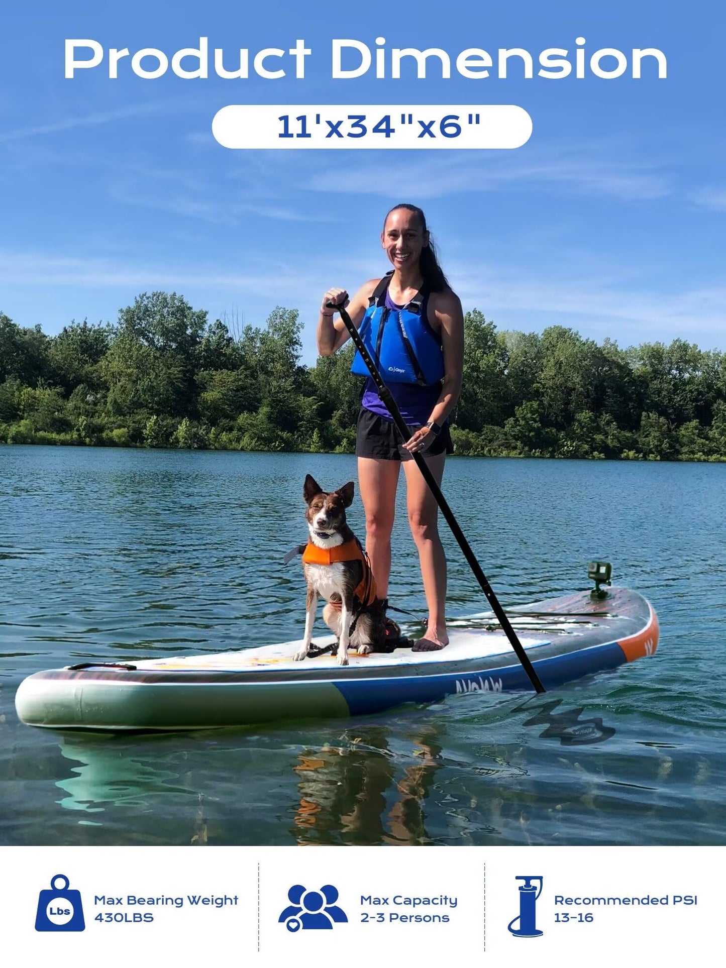 WNOVA Extra Wide Inflatable Paddle Board, 11' x 34" x 6" Stand Up Paddle Board for Adults, SUP Accessories with Camera Mount, 2+1 Family for Lake, Ocean, Sea,Deep Wood Grain