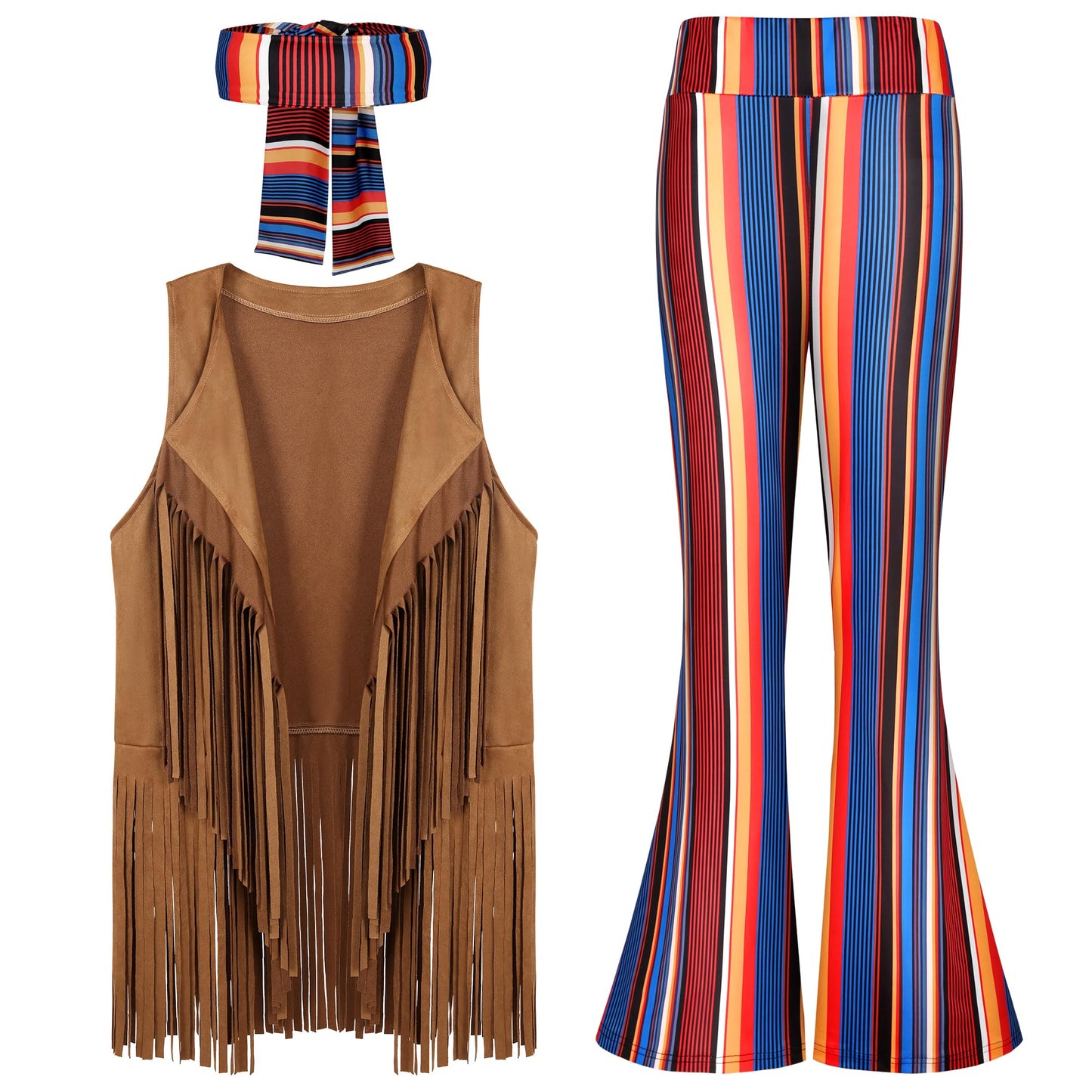 60s 70s Outfit for Women Hippie Costume 8pcs Fringe Vest Flared Pants Costume Peace Sign Necklace Earrings