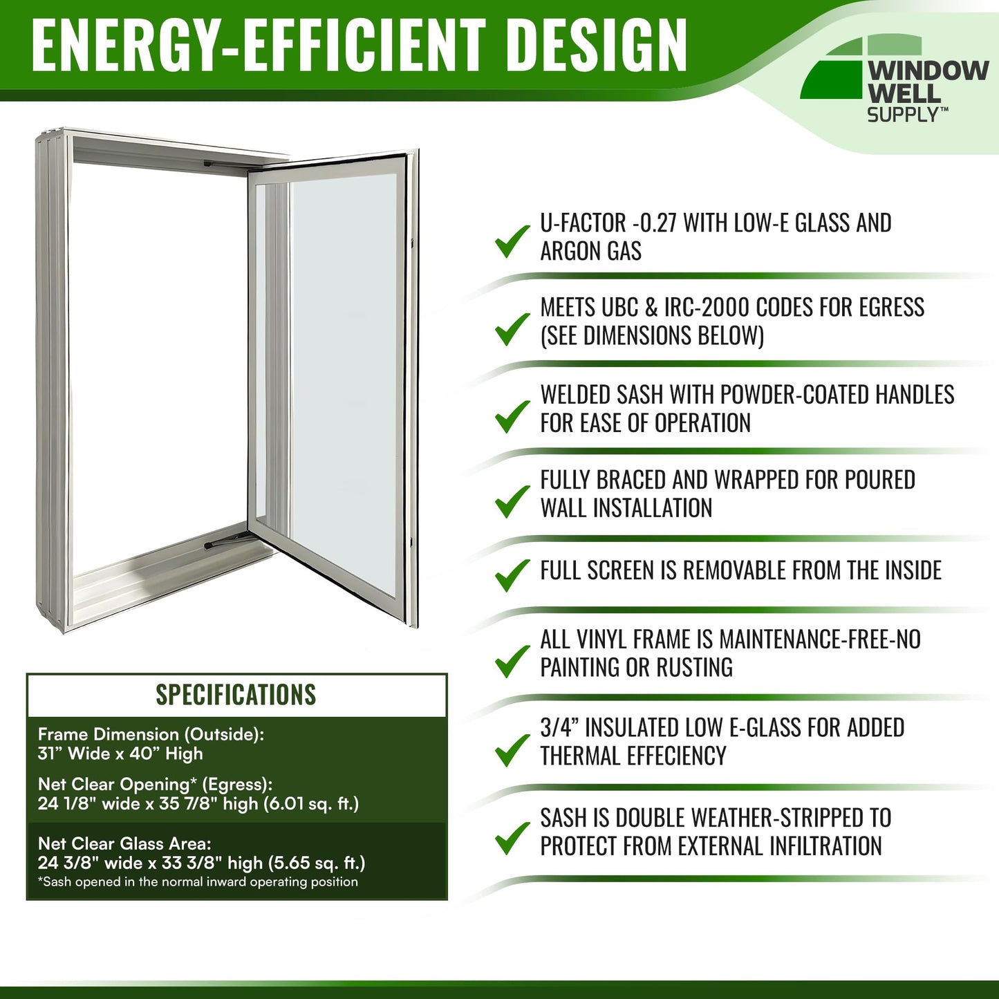 Window Well Supply - Argon Filled in-Swing Casement Basement Egress Window (31" W x 40" H), Vinyl Basement Window - Secure Windows, House Windows Replacement, White Vinyl Frame