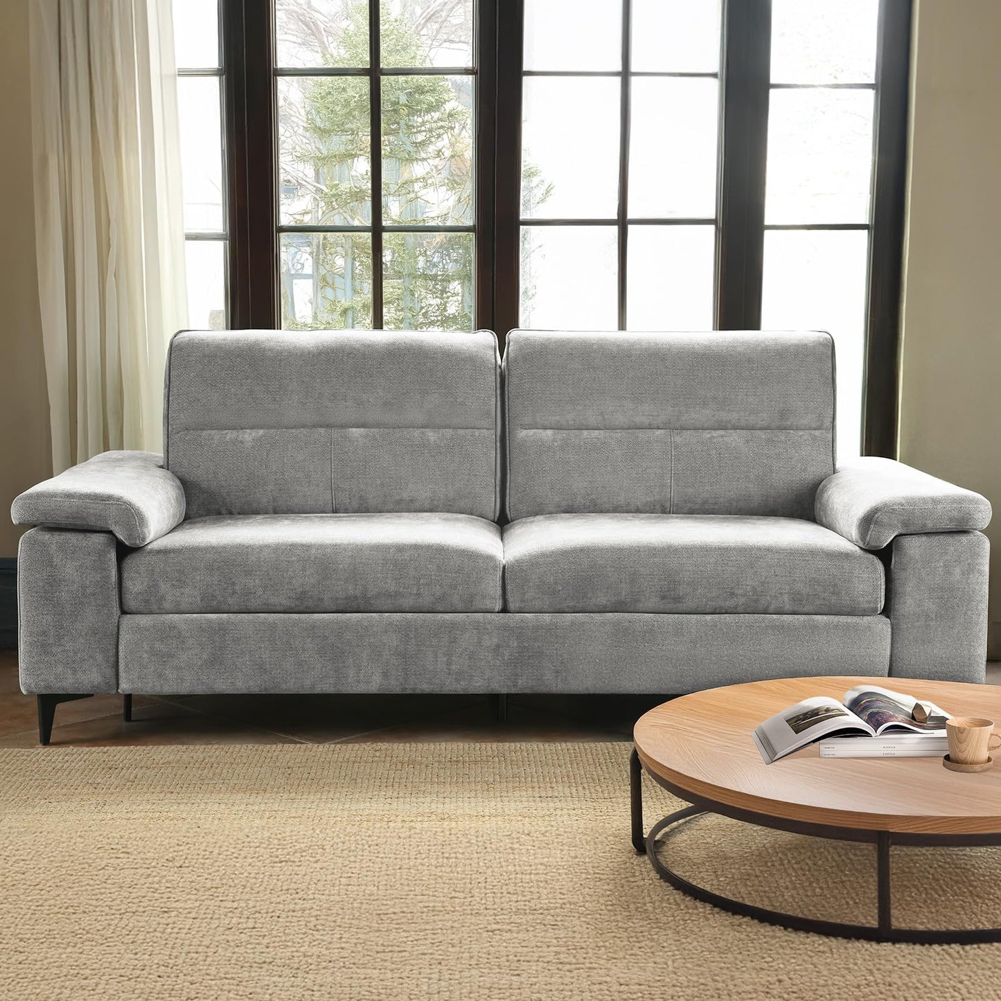 88.97" Modern Sofa Couches for Living Room, Deep Seat Sofas with 8”Cushion, Comfy 2-Seater Chenille Loveseat with Convertible Armrest, Removable Sofa Cover, High Leg(Light Gray)