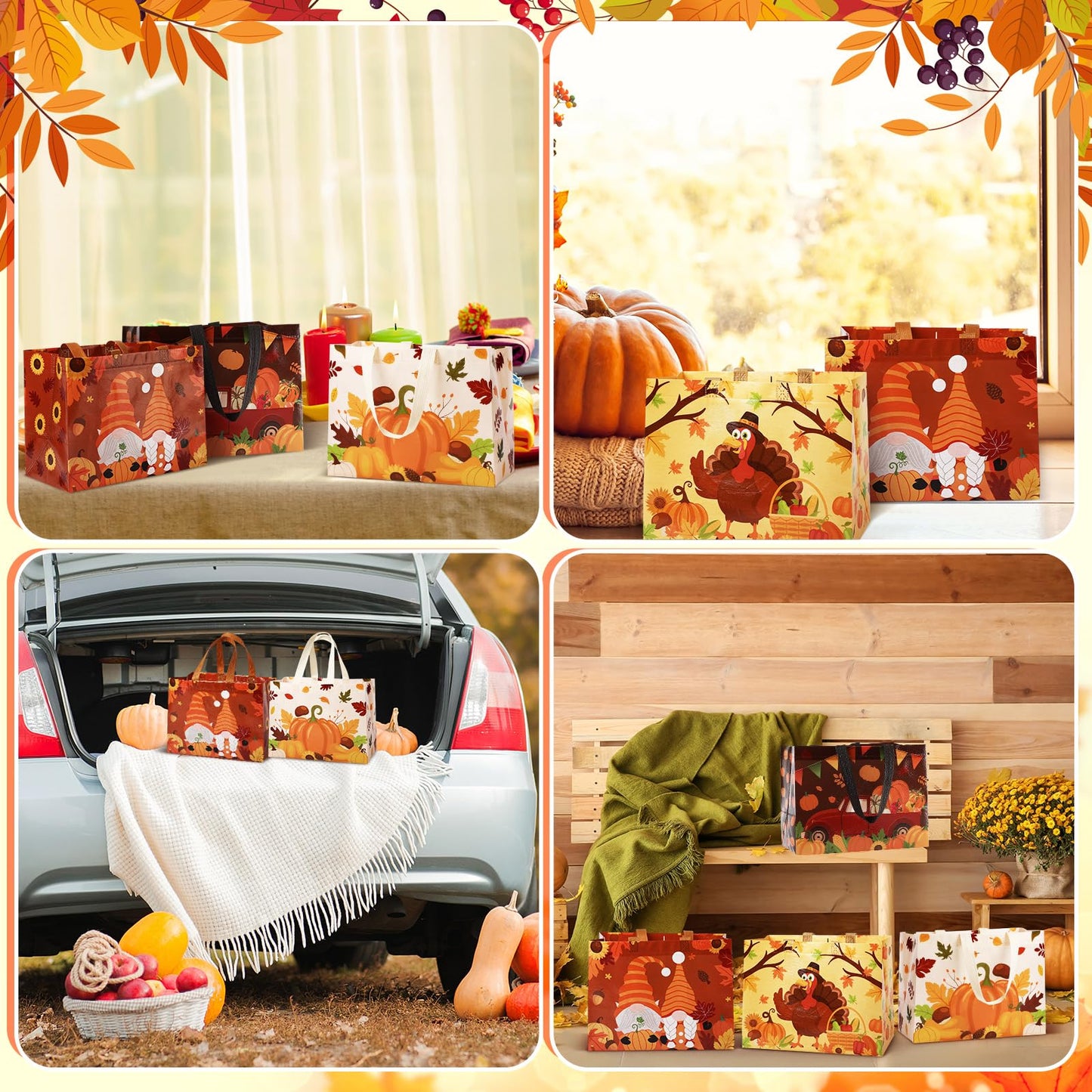 Abbylike 100 Pack Fall Non Woven Tote Bags with Handles Thanksgiving Gift Tote Bags Bulk Large Non-woven Grocery Bag with Handles Turkey Pumpkin Autumn Thanksgiving Party Favor Supplies