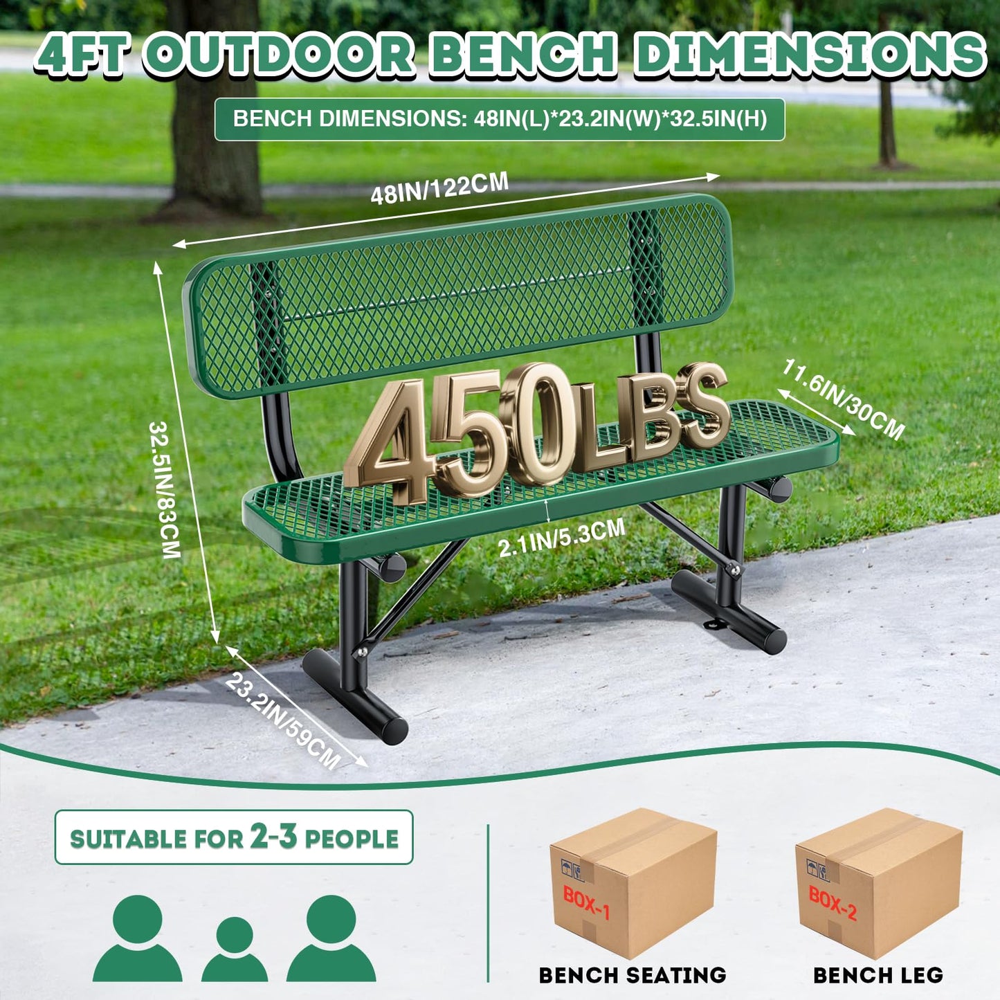 4FT/48INCH Heavy Duty Metal Park Bench for Outside, Outdoor Garden Benches with Backrest & Portable Frame, Expanded Metal Mesh Bench for Shopping Malls, Lawn, Park, Deck, Patio, Porch, Green