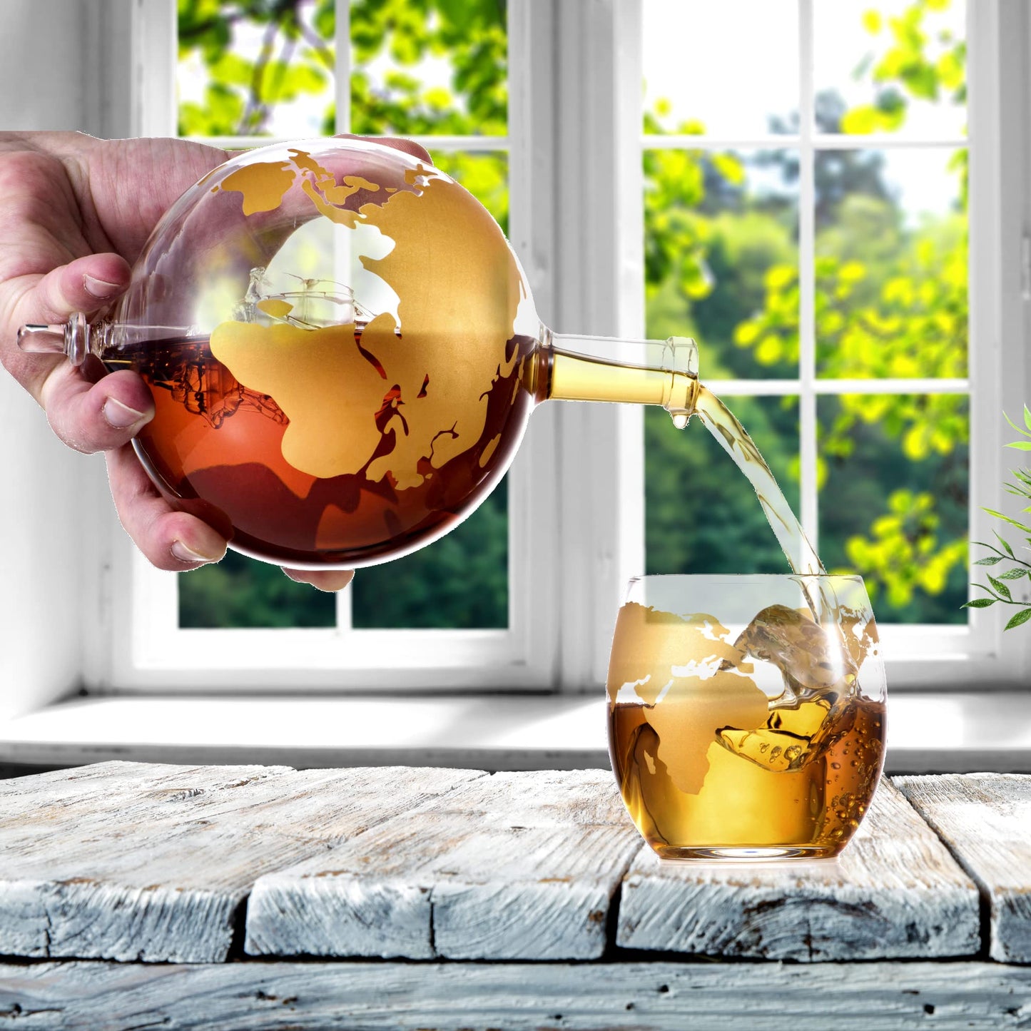 Whiskey Decanter Globe Gift Set - Rich Base Tray - Gold Whiskey Dispenser Airtight Stopper for Wine, Bourbon, Brandy, Juice, Water - Decanter Sets For Men Christmas Gifts for Dad Boyfriend Husband Him