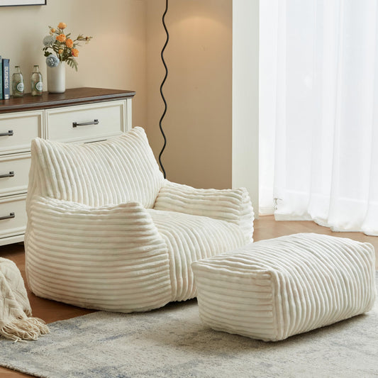 XOFUGEM Premium Beige Bean Bag Chair for Adults with Armrest- Ultra Plush Memory Foam Lounge Sofa & Comfy Reading Nook Chair for Bedroom, Living Room & Dorm (White, with Footrest)