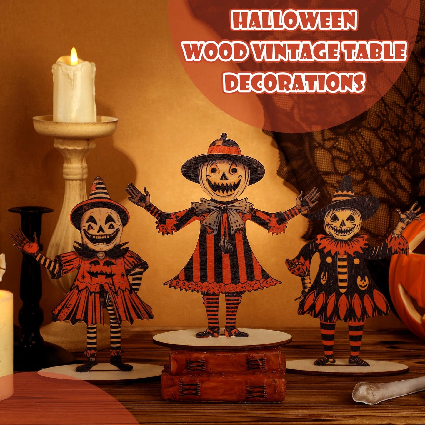 WinnerWhy 3 Pcs 9 x 6 Inch Halloween Table Decor Farmhouse Pumpkin Ghost Wooden Centerpiece Signs Retro Rustic Halloween Table Decorations for Home Tabletop Indoor Holiday Party