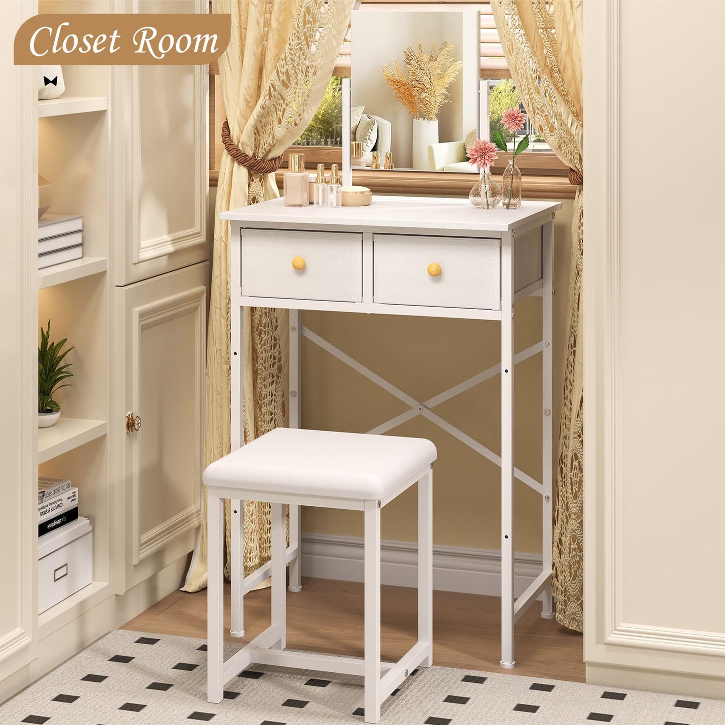 X-cosrack Small Makeup Vanity Desk with Mirror & Chair, Mini Vanity Desk Table Set with Fabric Storage Drawer, 19.7" Compact Vanity Desk for Girls, Dressing Table with Chair for Bedroom, White