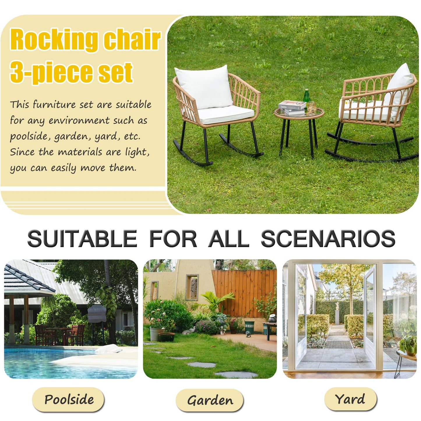 3 Pieces Rocking Chairs Set, Boho Indoor Outdoor All Weather Woven Rope Table Set, Tan Wicker Chat Set with White Cushions, Rattan Sets for Balcony, Garden, Front Porch,Indoor,Living Rooms