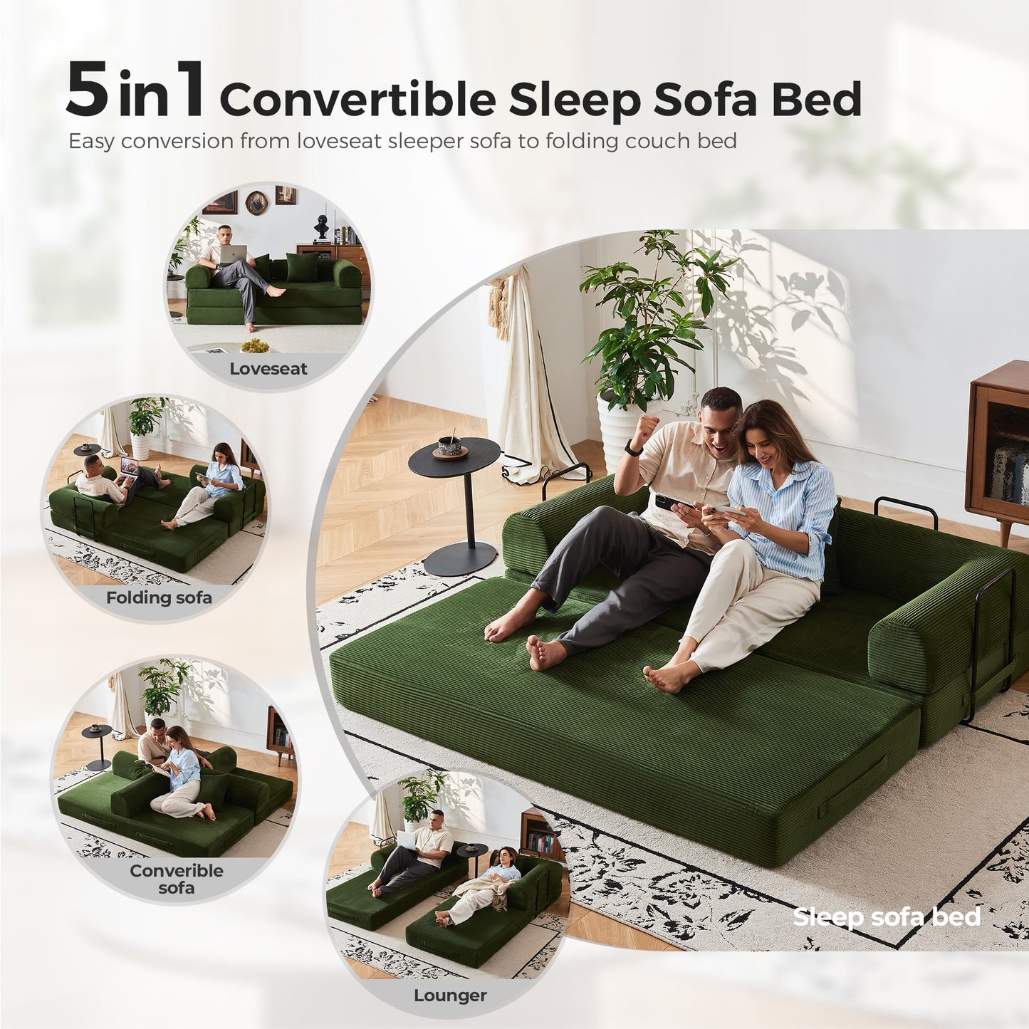 79'' Convertible Sofa Bed, Modular Couch Bed for Small Spaces with 2 Pillow, Corduroy Fabric Sofa with Plush Memory Foam, Floor Sofa Lounge Couch for Living Room Bedroom Lounge Studio（Dark Green）