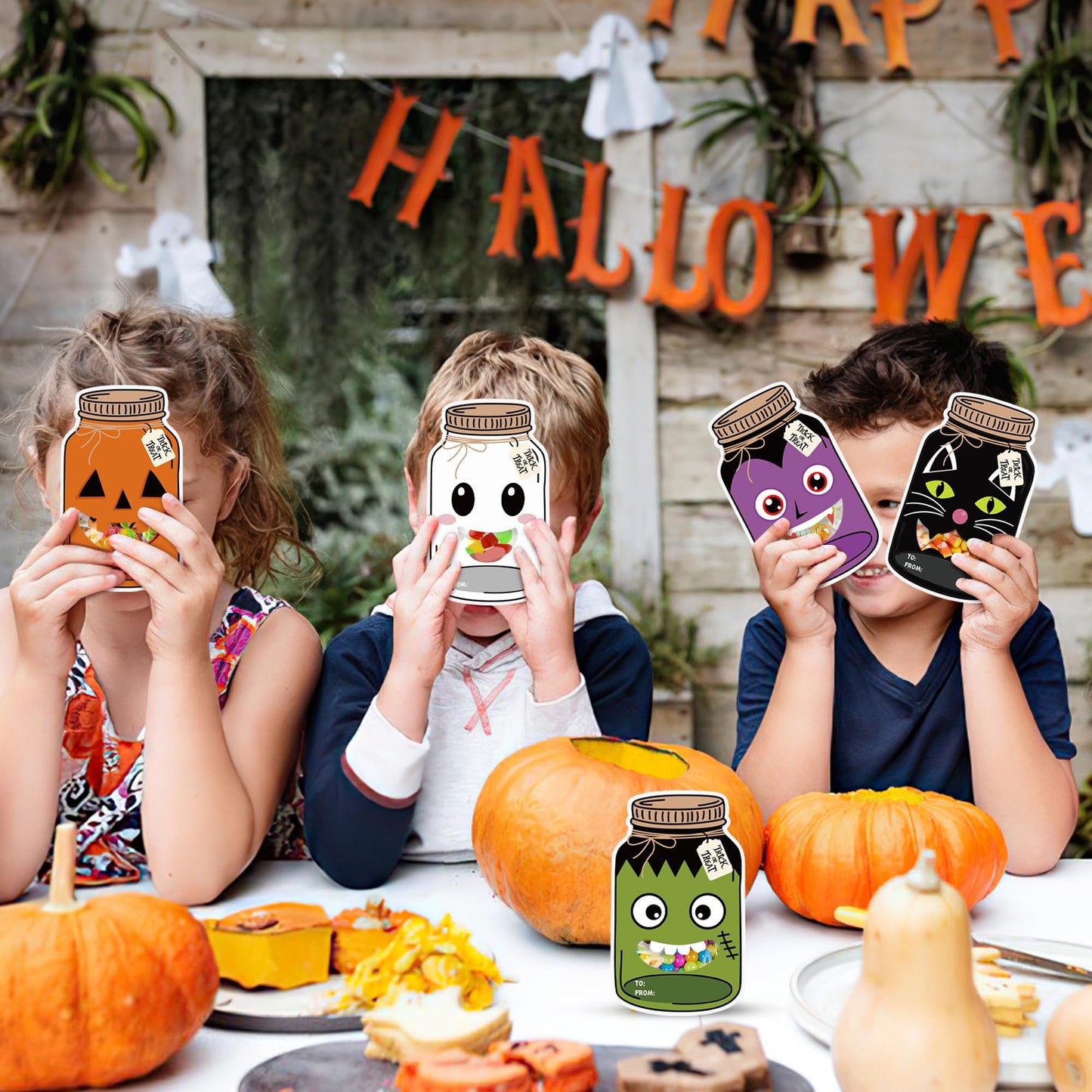 60 Pack Halloween Mason Jar Cards Halloween Candy Holder Cards for Kids Trick or Treat Classroom Prizes Exchange Gifts Card with Treat Bags for School Classroom Prize Gift Party Favors (Candy Not Included)