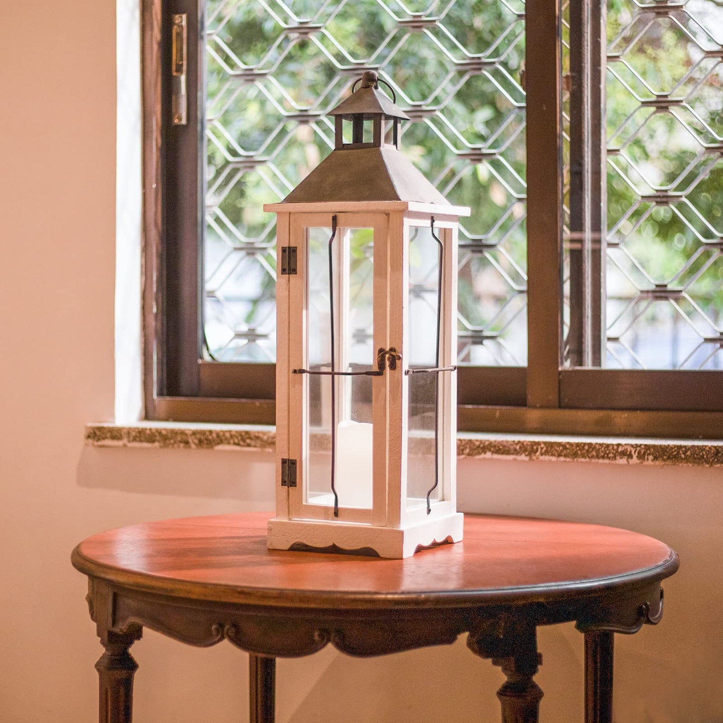 2 Pack 26in Farmhouse White Waterproof Wood Metal Decorative Lanterns with Remote Control, Timer, Tempered Glass, Flameless Pillar Candles, Decorative Lanterns for Home Decor, Front Porch, Wedding