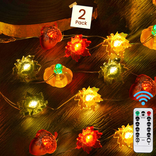 2 Pack 60LED Fall Decoration 3D Pumpkin Acorn Maple Leaf String Light Battery Operated, 20FT Fall Lights with Remote, Waterproof 8 Modes Fairy Lights for Autumn Harvest Thanksgiving Halloween Decor