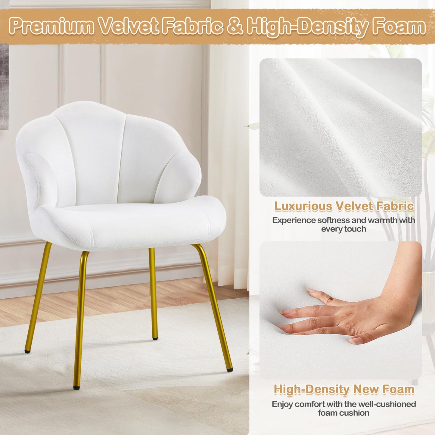 Yaheetech Vanity Chair, Velvet Accent Chair with Shell-Shaped Backrest, Modern Armchair with Gold Metal Legs for Dressing Room/Bedroom/Living Room, White