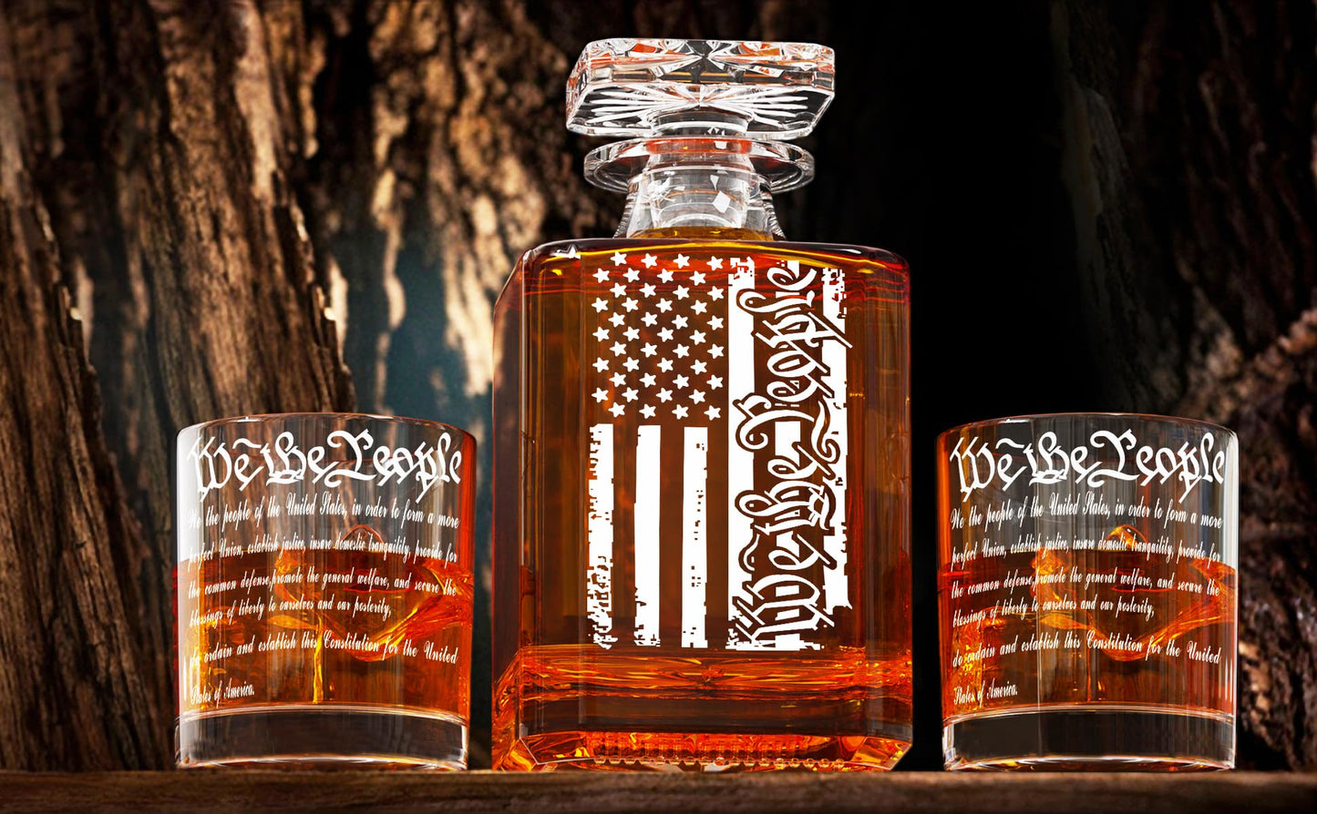Whiskey Decanter Engraved We The People American Flag Decanter Set with 2 Glasses for Liquor Scotch Bourbon or Wine, Father's Day Patriotic Gift
