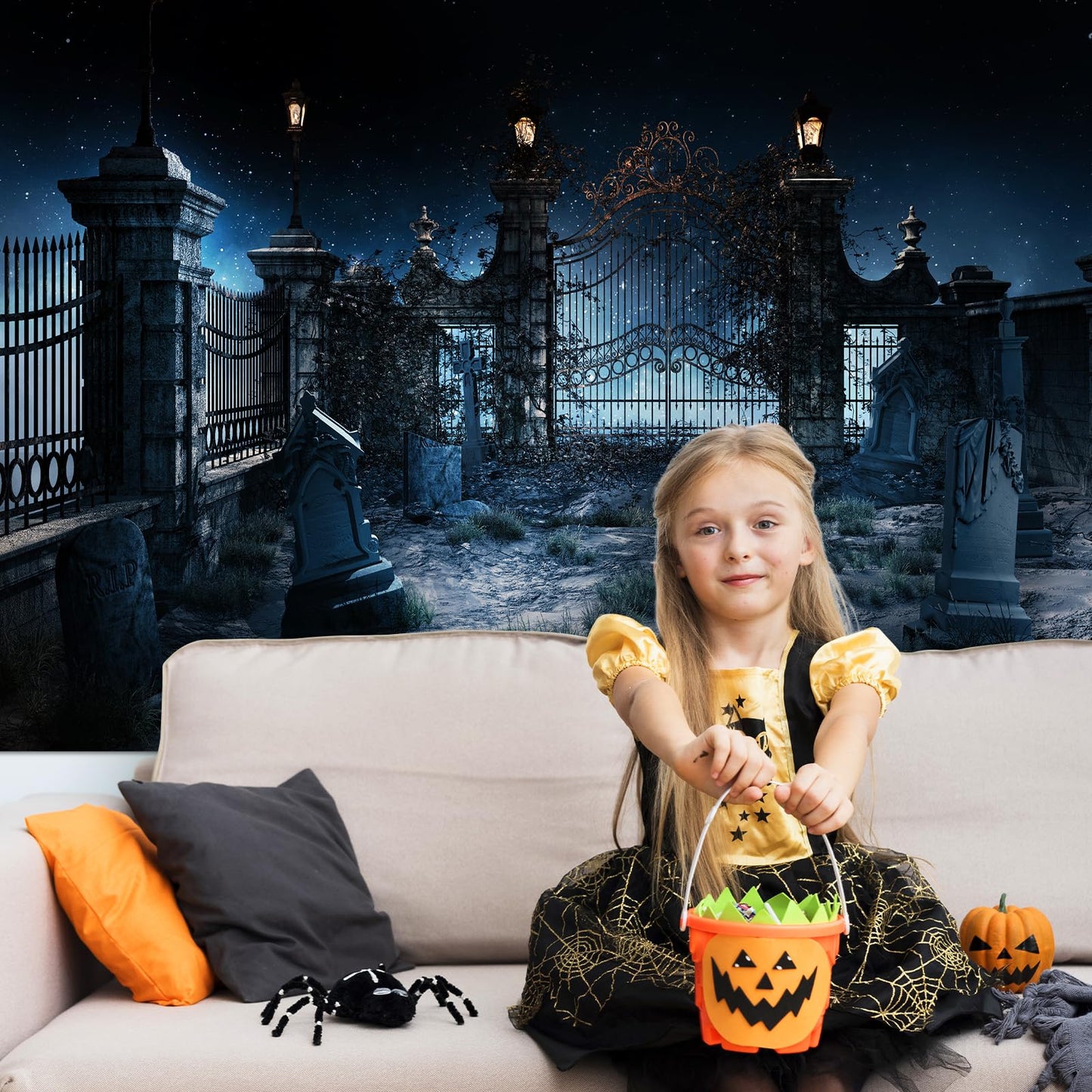 7 x 5 FT Halloween Graveyard Backdrop - Large Eerie Night Scene, Creepy Cemetery Gravestones Design Wall Hanging Background, Spooky Photography Photo Booth Props for Indoor Outdoor Party Decorations