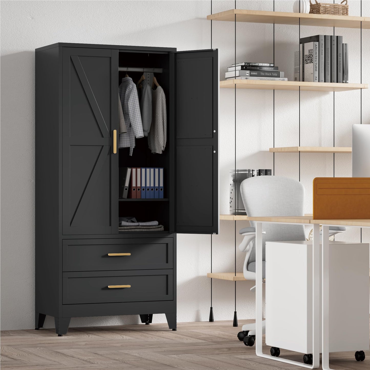 Washsemba 71'' Farmhouse Metal Wardrobe Cabinet with Hanging Rod, 2 Barn Door Wardrobe Closet with Adjustable Shelves,2 Drawer,for Dining Room,Bedroom,Living Room, Cloak Room,Office (Black)