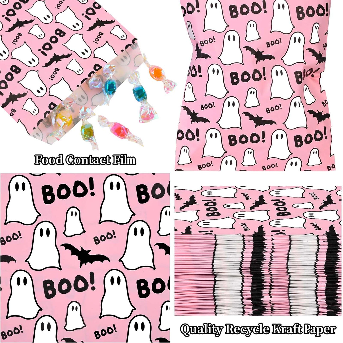 100pcs Halloween Treat Bags - Pink & Black Boo Ghost Paper Goodie Candy Bags for Trick or Treat Party Supplies