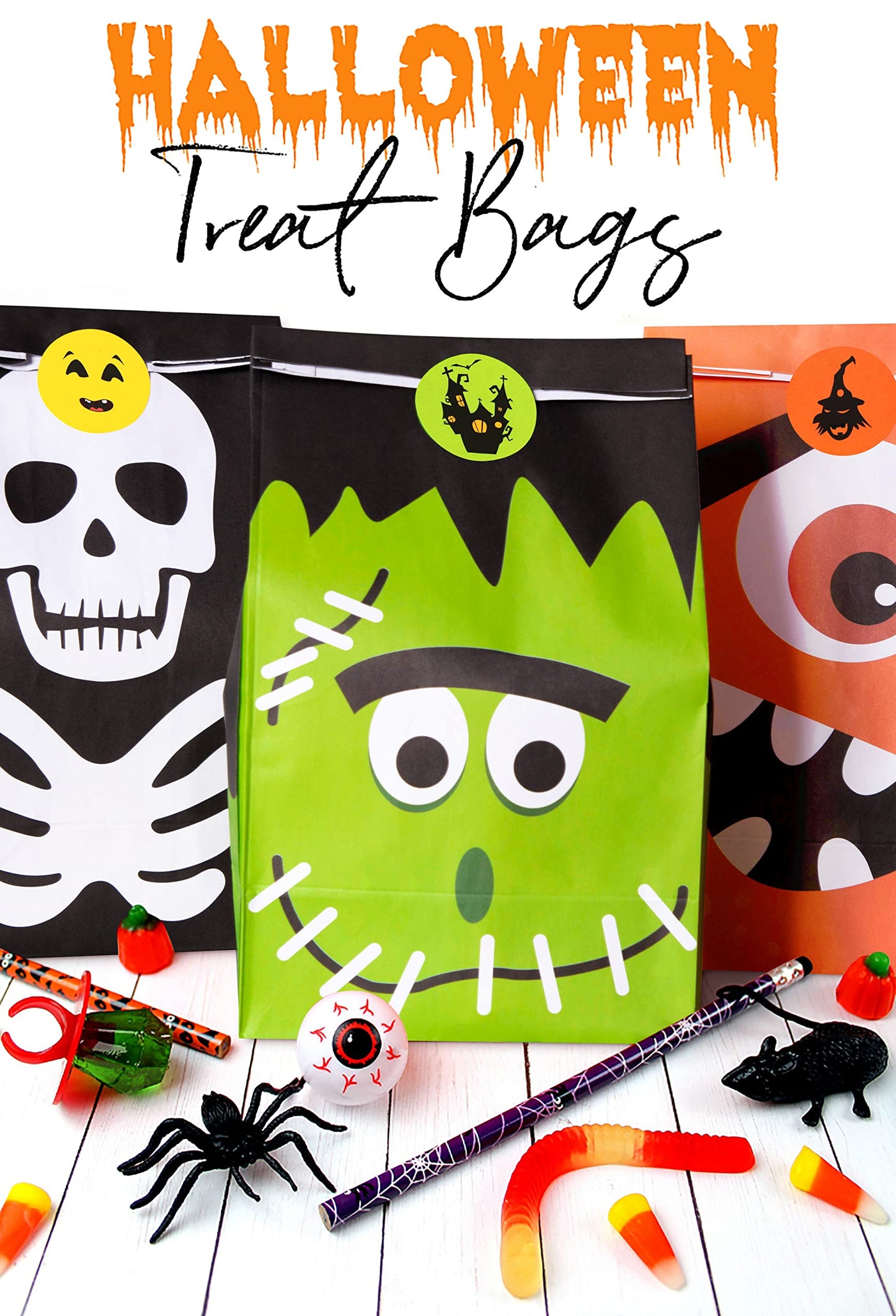 90PCS Halloween Treat Bags Party Favors - Trick or Treat Candy Goodie Gift Bag Stuffer Filler Paper Supplies Decorations with 90 Stickers