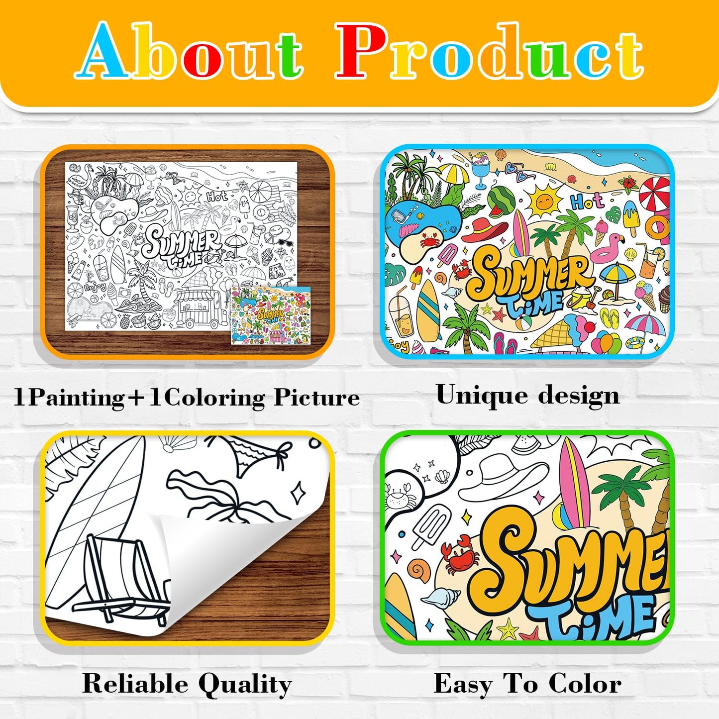 43.3x31.5" Summer Coloring Poster with Picture, Giant Summer Time Painting Poster, Large Coloring Tablecloth for Classroom Home Birthday Party Supplies Favor