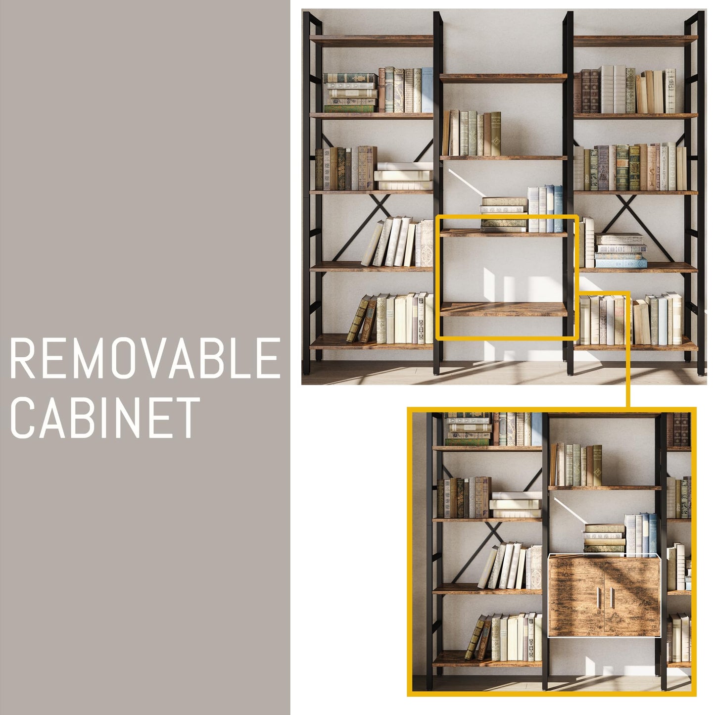 70 x70" Triple 5 Tier Book Shelf, Industrial Large Bookcase with Storage Cabinet, Tall Bookshelf with 14 Open Display Shelves Metal Frame Furniture for Living Room Bedroom Home Office Rustic Brown