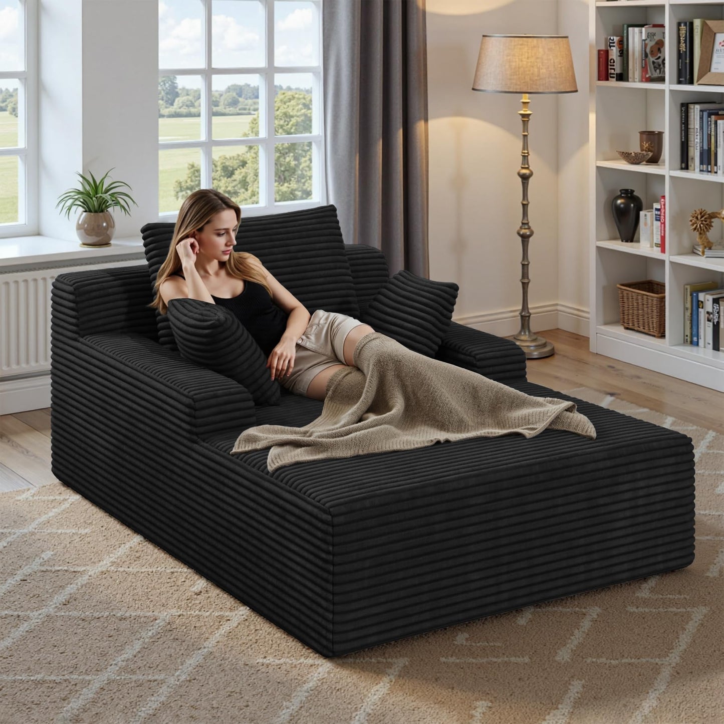 51'' Oversized Chaise Lounge Chair Indoor, Non-Assembly Deep Seat Sofa Bed Corduroy Sleeper Cloud Couch with 2pcs Pillows for Reading Living Room-Black