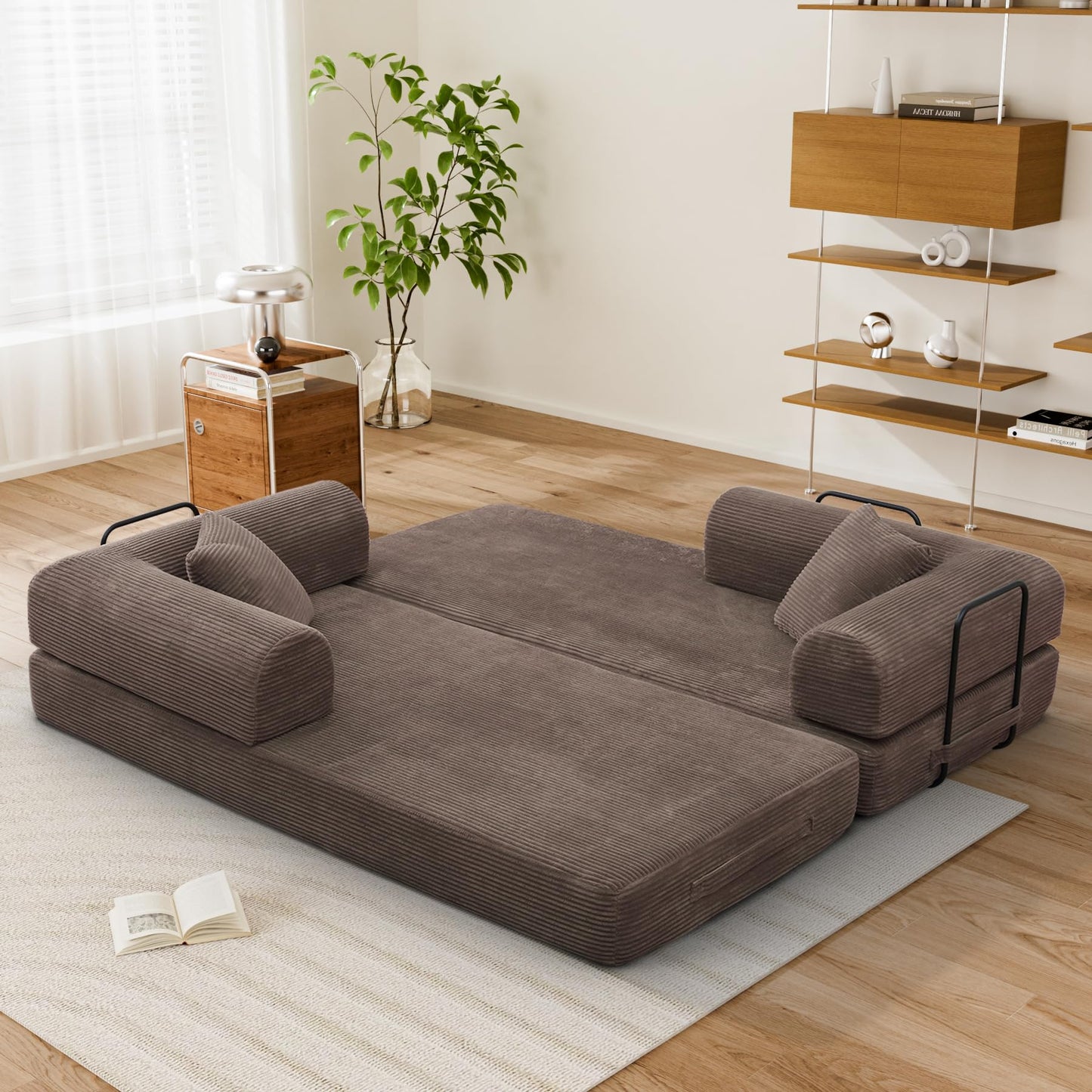 VYNELITO Comfy Convertible Sleeper Floor Sofa Bed, Corduroy Folding Mattress Couch with Fixed-Shape Frame, Floor Sofa with Armrest, Lounge Couch for Living Room Bedroom Lounge Studio,Brown