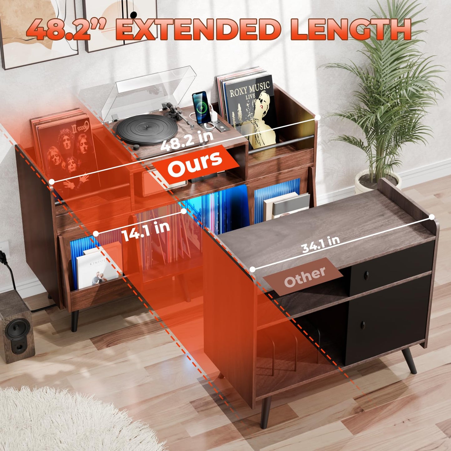 XL Record Player Stand with Sliding Door,500 Vinyl Record Storage Cabinet, Record Player Table with Power Outlet & LED Light,Turntable Stand with Wood Legs for Living Room,Office