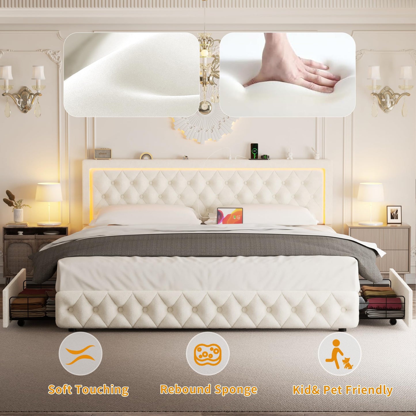 VOHOBY Queen Bed Frame with 4 Storage Drawers, Velvet Upholstered Bed Frame Queen Size with Charging Station and LED Lights, 46" Adjustable Button Tufted Headboard, No Box Spring Needed, Beige