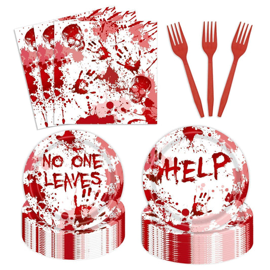 96Pcs Scary Halloween Party Plates Supplies Blood Splatter Party Tableware Sets Decorations Zombie Vampire aunted House Birthday Disposable Paper Plates Napkins Forks Serves 24