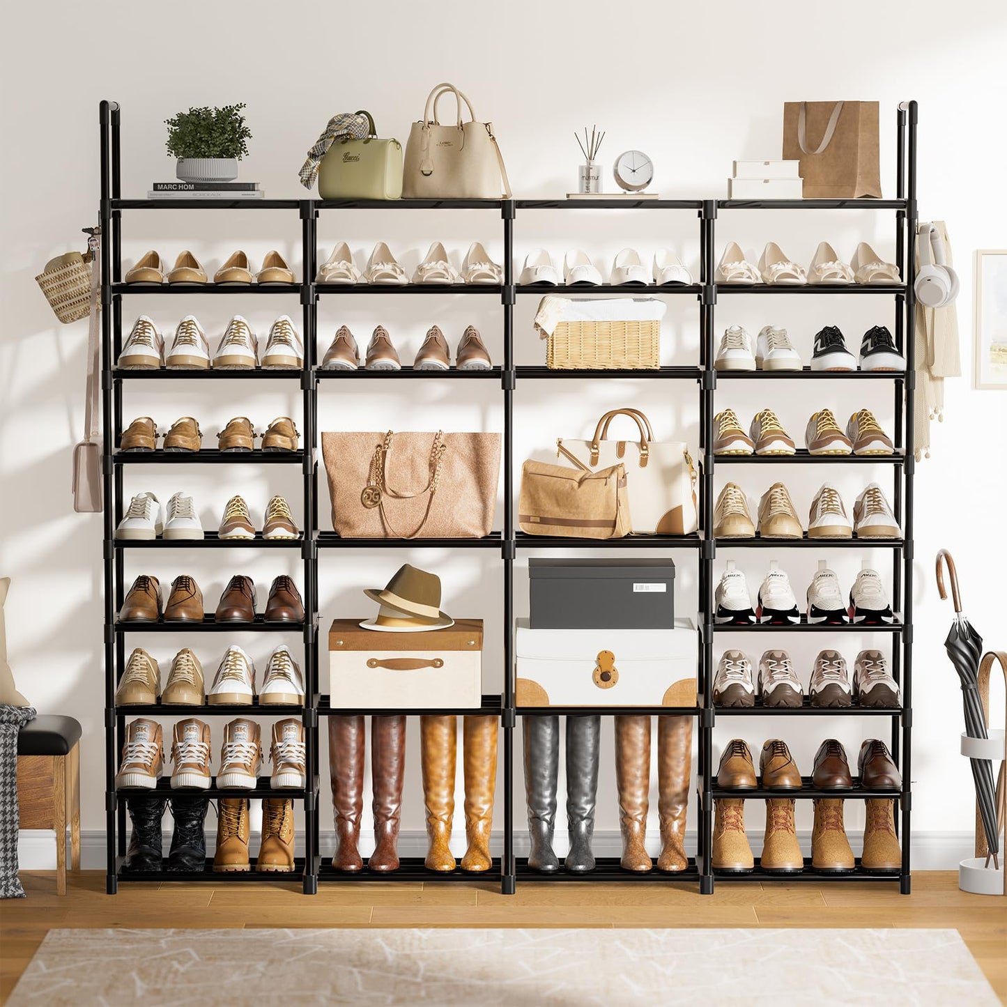 WOWLIVE 4 Row 9 Tiers Extra Large Shoe Rack 72-80 Pairs Big Tall Metal Shoe Shelf, Heavy Duty Organizer for Closet Entryway, Boot Rack Storage Stackable Stand for Garage Black