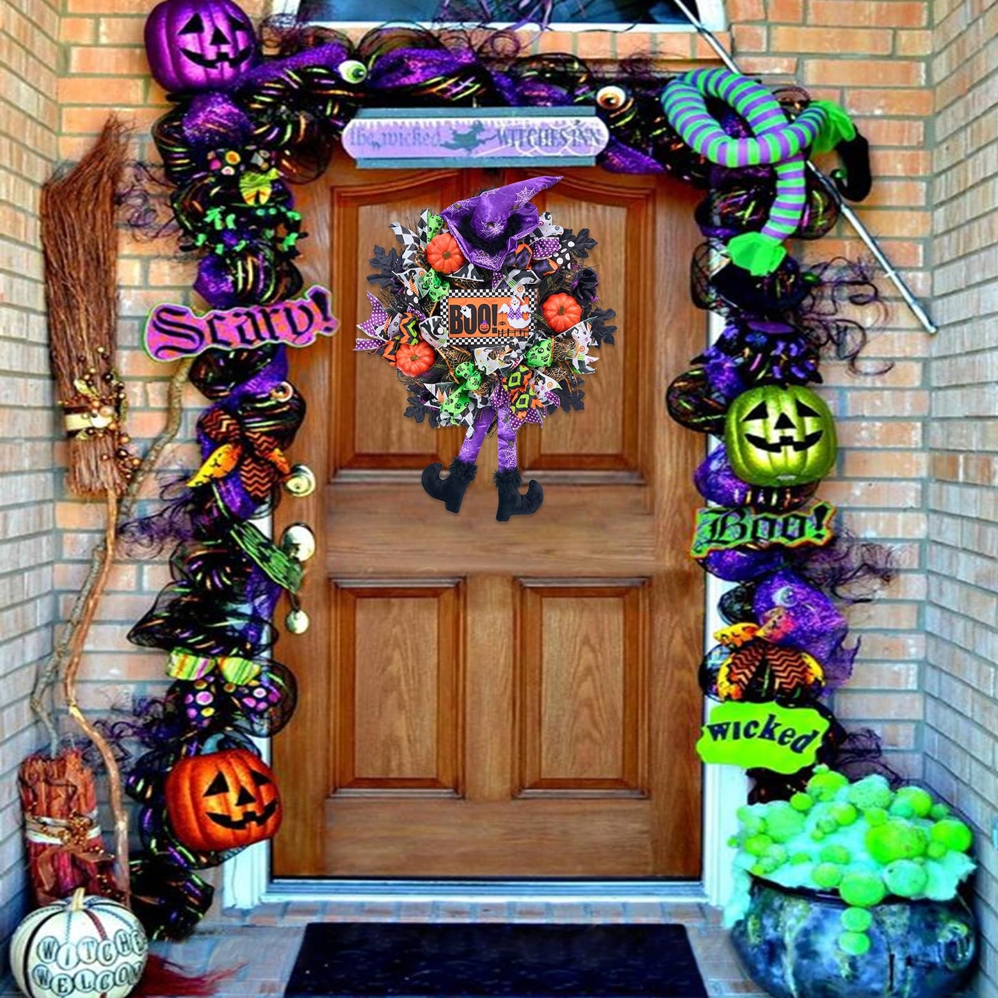 Vofuly Wreath for Front Door,20inch mesh Wreath,Pumkin & Witch Wreath with Legs,Fun Porch Decor,Decoration,Whimsical Halloween,Purple Green Orange (V23HL001)