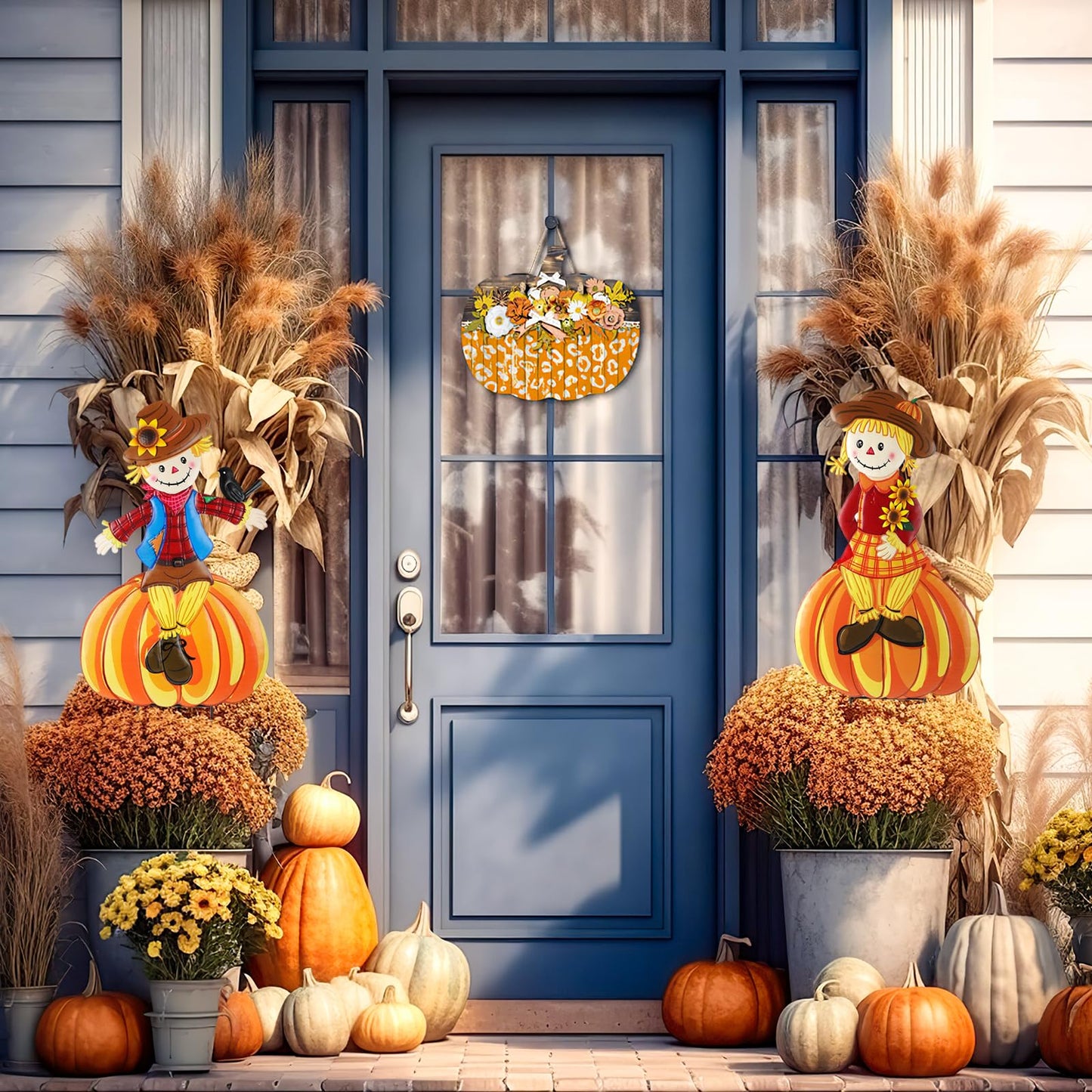 2 Pcs Fall Yard Signs Scarecrow Decorations Outdoor, 30"H Metal Thanksgiving Fall Yard Stakes Scarecrow Lawn Decor, Fall Garden Stakes for Patio Pathway Autumn Harvest Outside Decorations (Sitting)