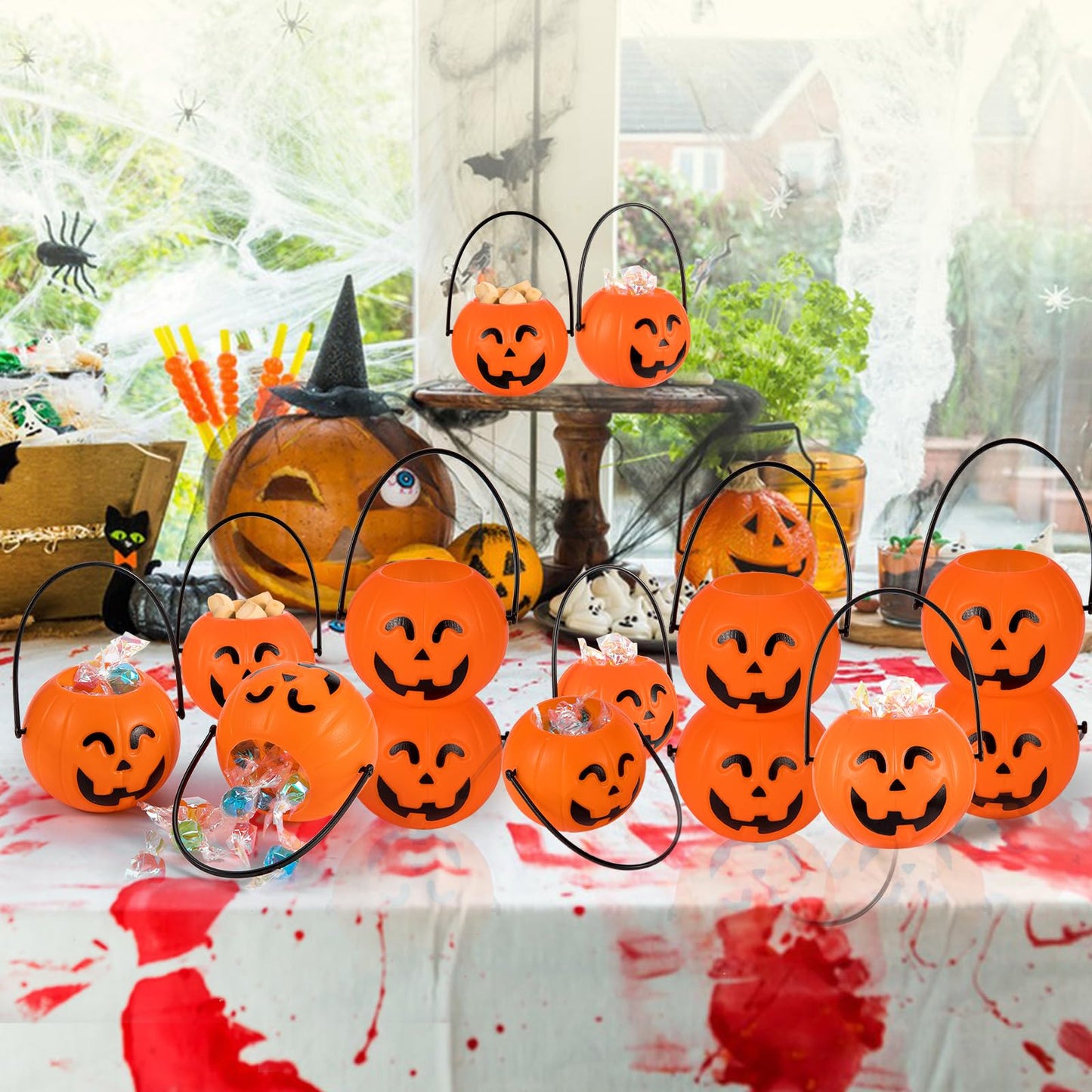24 Pack Mini Pumpkin Buckets With Handle, Halloween Kids Party Favors Plastic Trick or Treat Bucket, Candy Holder Containers for Decoration