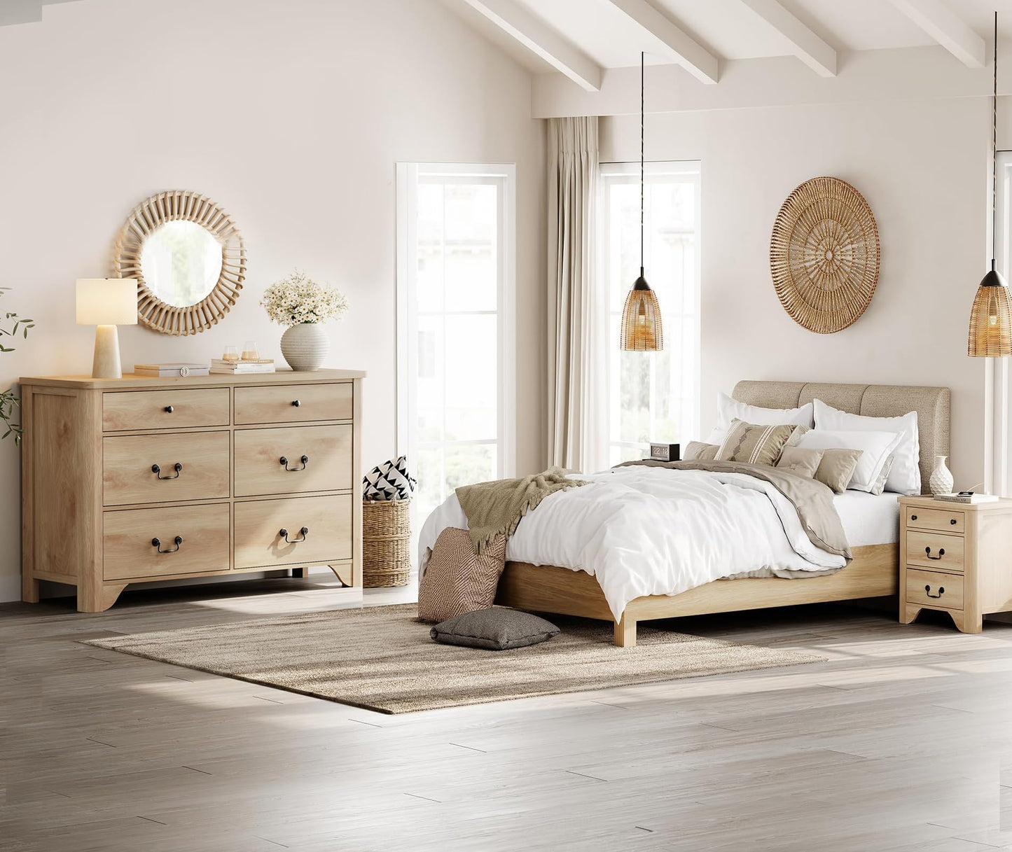 WAMPAT Oak Dresser for Bedroom with 6 Drawers, 47.2" Wide Farmhouse Dressers Chests of Drawers with Curved Profile Design, Wood Closet Organizer for Bedroom, Hallway
