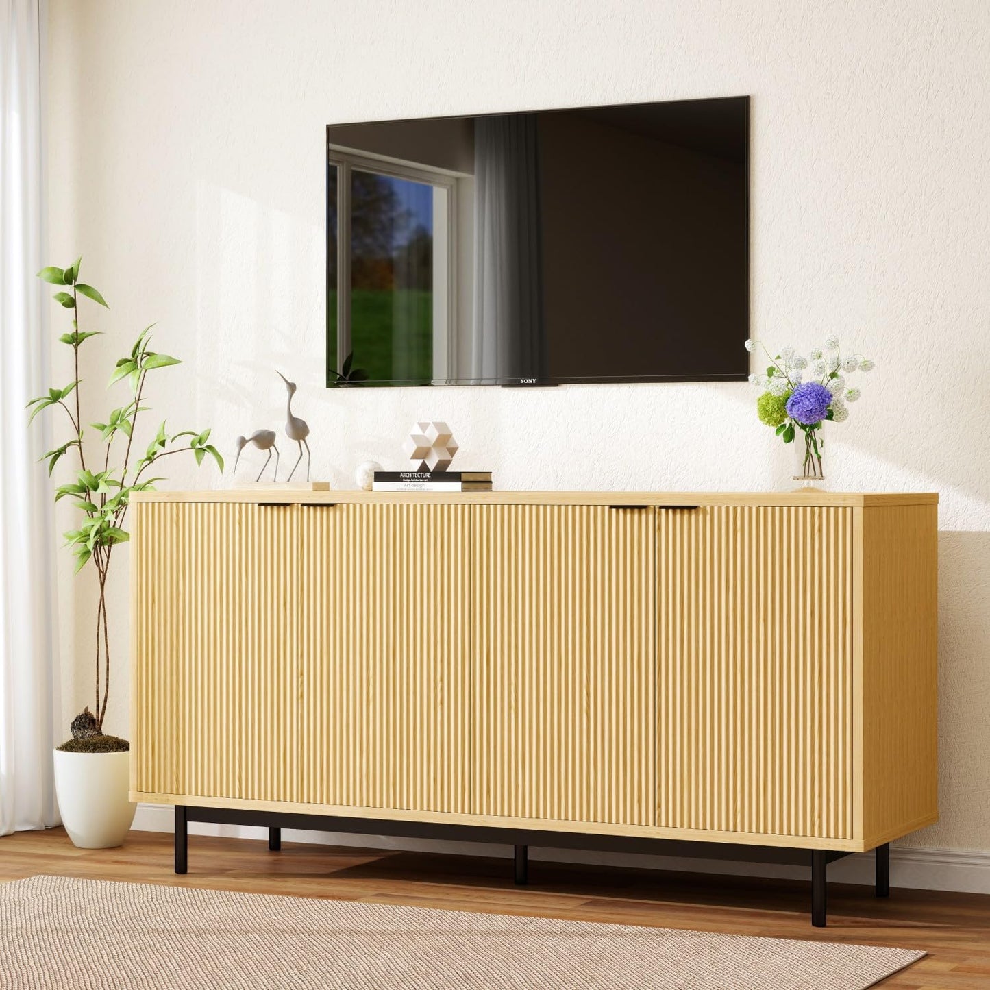 58" Modern Fluted Sideboard Buffet Cabinet in Natural Oak, Accent Storage Console with Adjustable Shelves for Dining Room, Living Room
