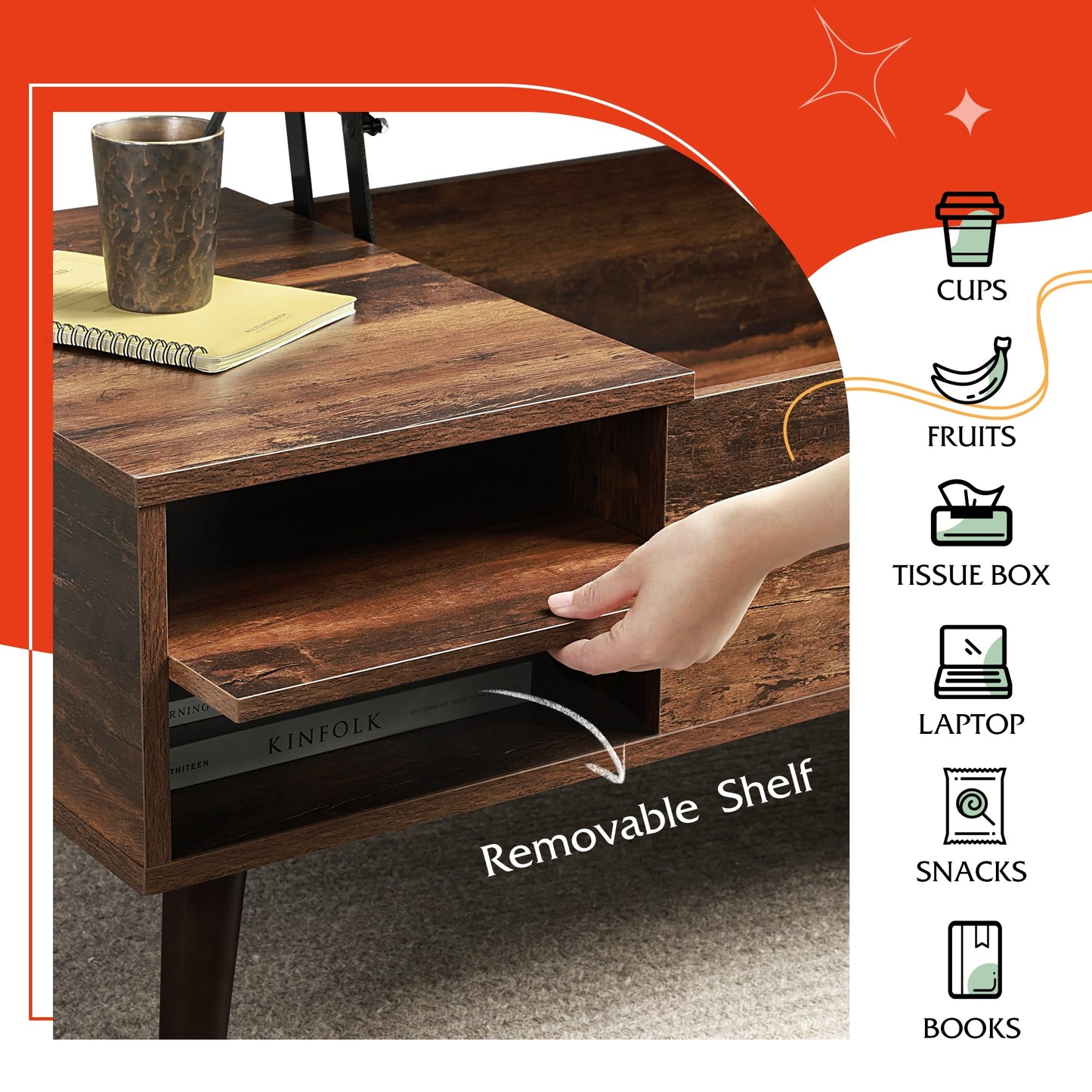 WLIVE Coffee Table for Living Room, Lift Top Coffee Table with Storage,Small Modern Living Room Table with Adjustable Shelf and Storage CompartmentWood, Rustic Brown
