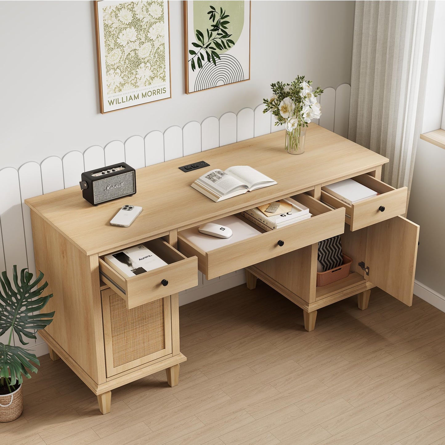 Yechen 58" Modern Executive Desk with Natural Rattan Door, Boho Writing Desk with 3 Drawers & 2 Cabinet for Study, Work, Computer, Golden Oak